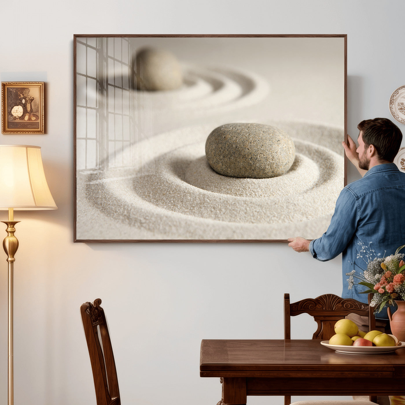 13397966-MGV-CV-36X24 - Zen Garden Stone Sand Canvas | Japanese Rock Garden Wall Art | Minimalist Meditation Print | Neutral Beige Mindfulness Decor