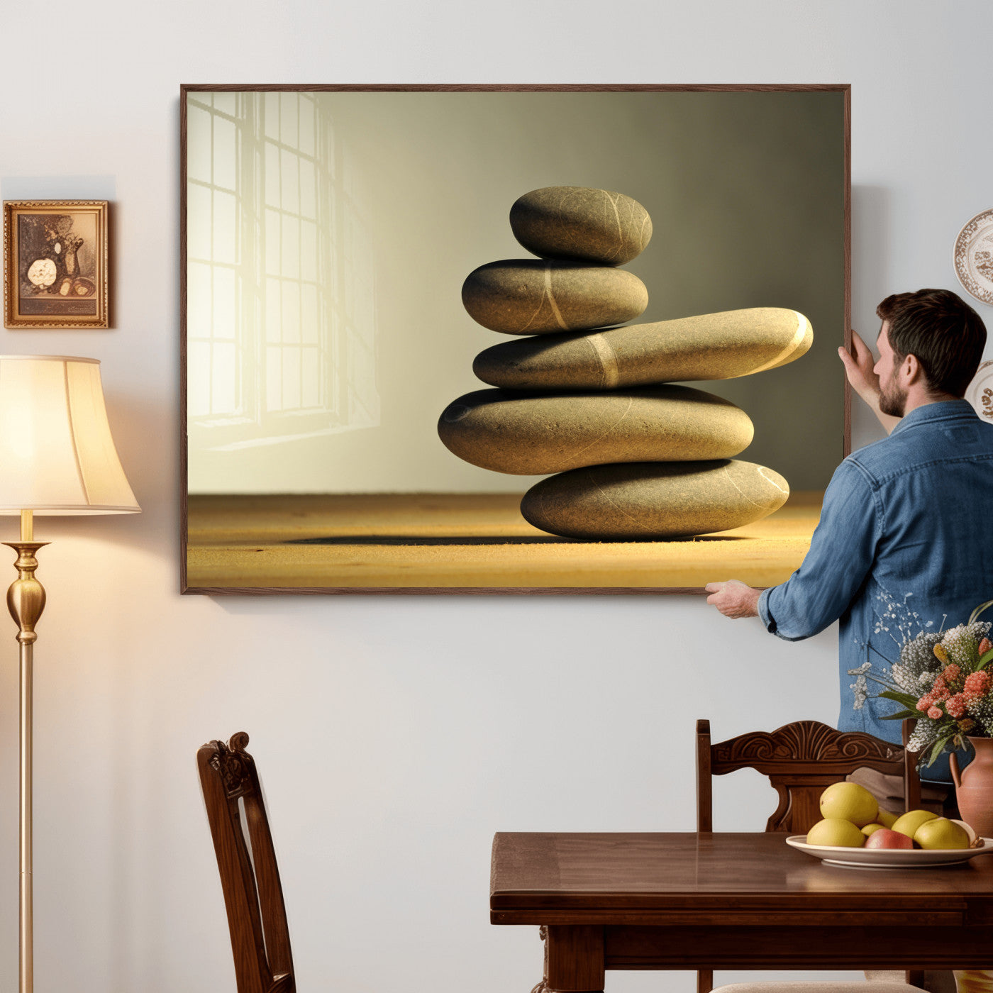 85424263-MGV-CV-36X24 - Zen Stone Wall Art Canvas Print, Balanced Rock Stack Framed Spa Artwork, Minimalist Meditation Decor for Living Room Bedroom Office Bathroom