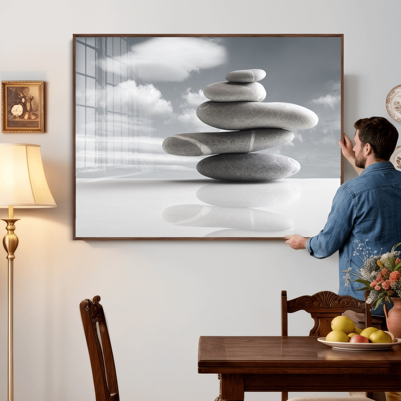 86426188-MGV-CV-36X24 - Zen Stone Wall Art Canvas Print, Balanced Rock Stack Framed Spa Artwork, Minimalist Meditation Decor for Living Room Bedroom Office Bathroom