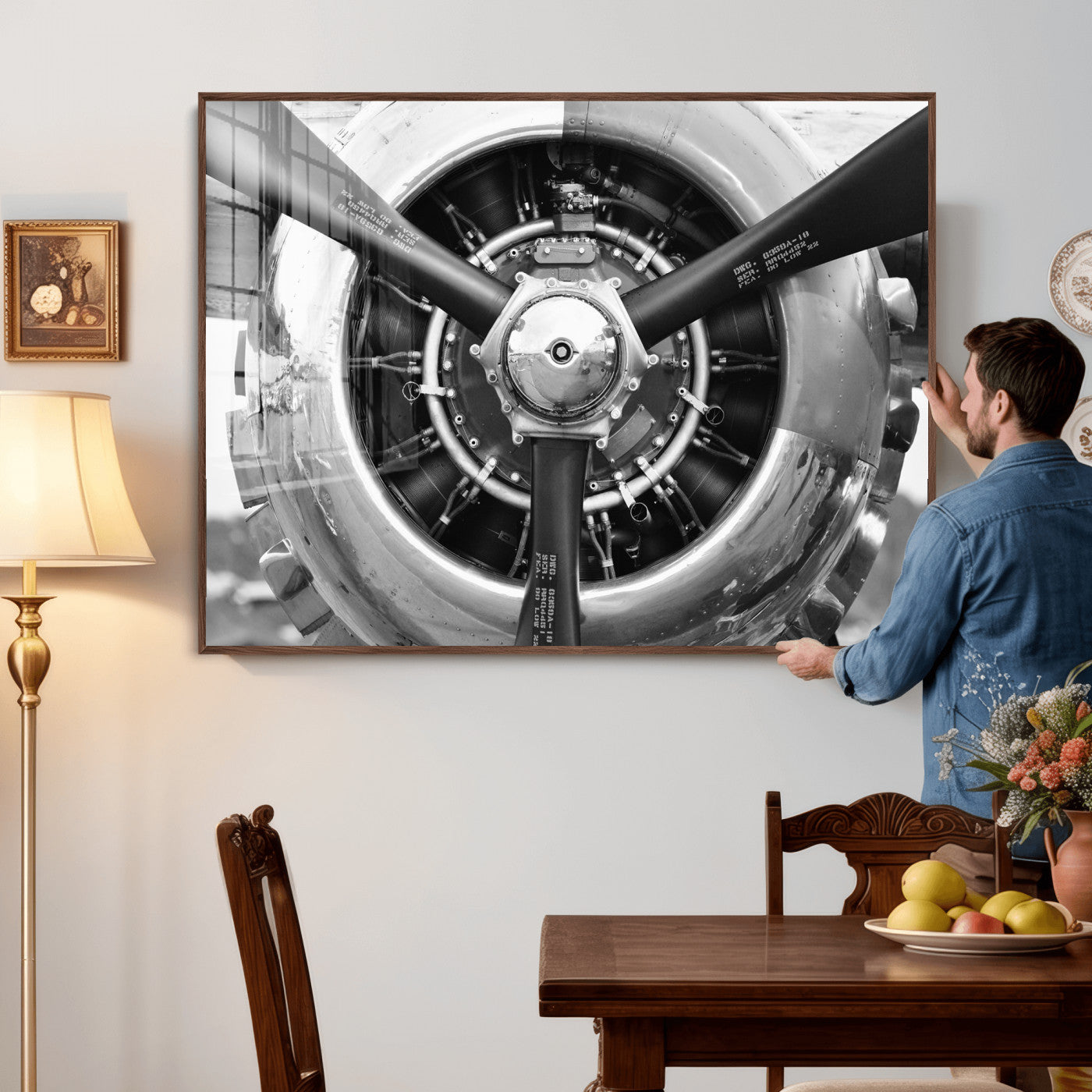73322230-MGV-CV-36X24 - Vintage Propeller Plane Wall Art Canvas Print, Black and White Airplane Engine Close Up Framed Aviation Artwork for Pilot Office Hangar Decor