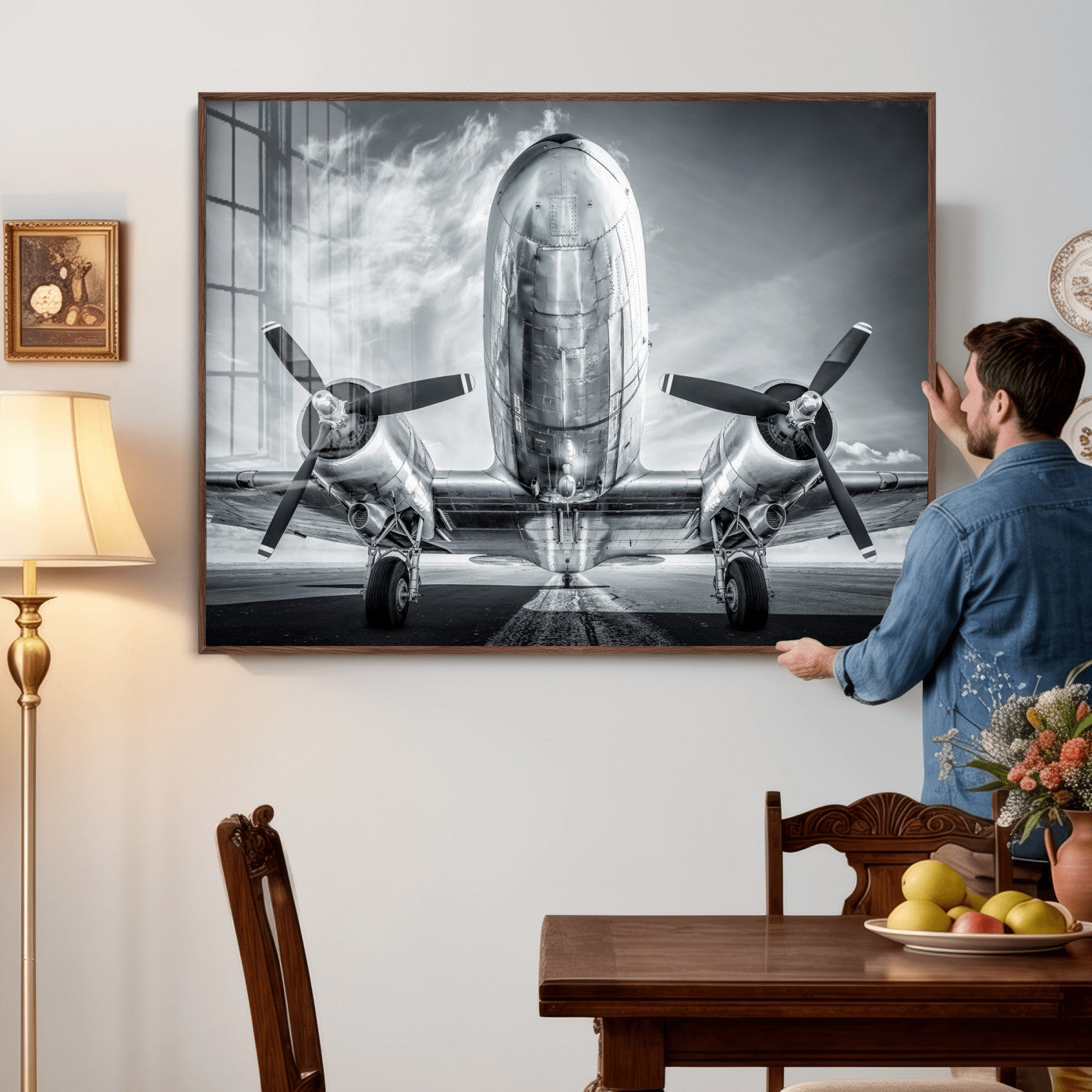 59729636-MGV-CV-36X24 - Vintage Propeller Plane Wall Art Canvas Print, Black and White Airplane Engine Close Up Framed Aviation Artwork for Pilot Office Hangar Decor