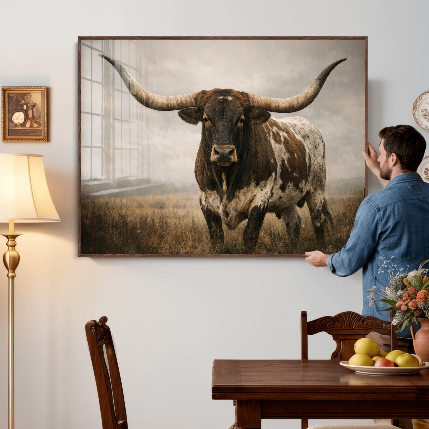 17622011L-MGV-CV-36X24 - Longhorn Bull Wall Art Canvas Print, Western Farmhouse Cowboy Decor, Rustic Texas Ranch Cattle Artwork for Living Room Bedroom Office, Framed Wall Decor