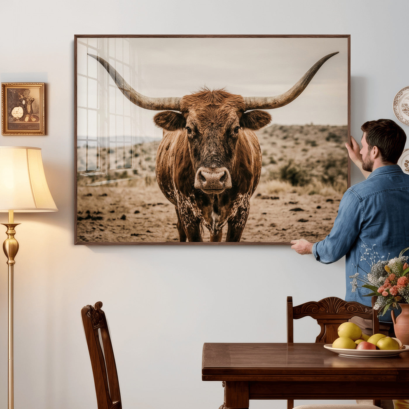 17622011K-MGV-CV-36X24 - Texas Longhorn Bull Wall Art Canvas Print, Western Farmhouse Cowboy Decor, Rustic Texas Ranch Cattle Artwork for Living Room Bedroom Office, Framed Wall Decor