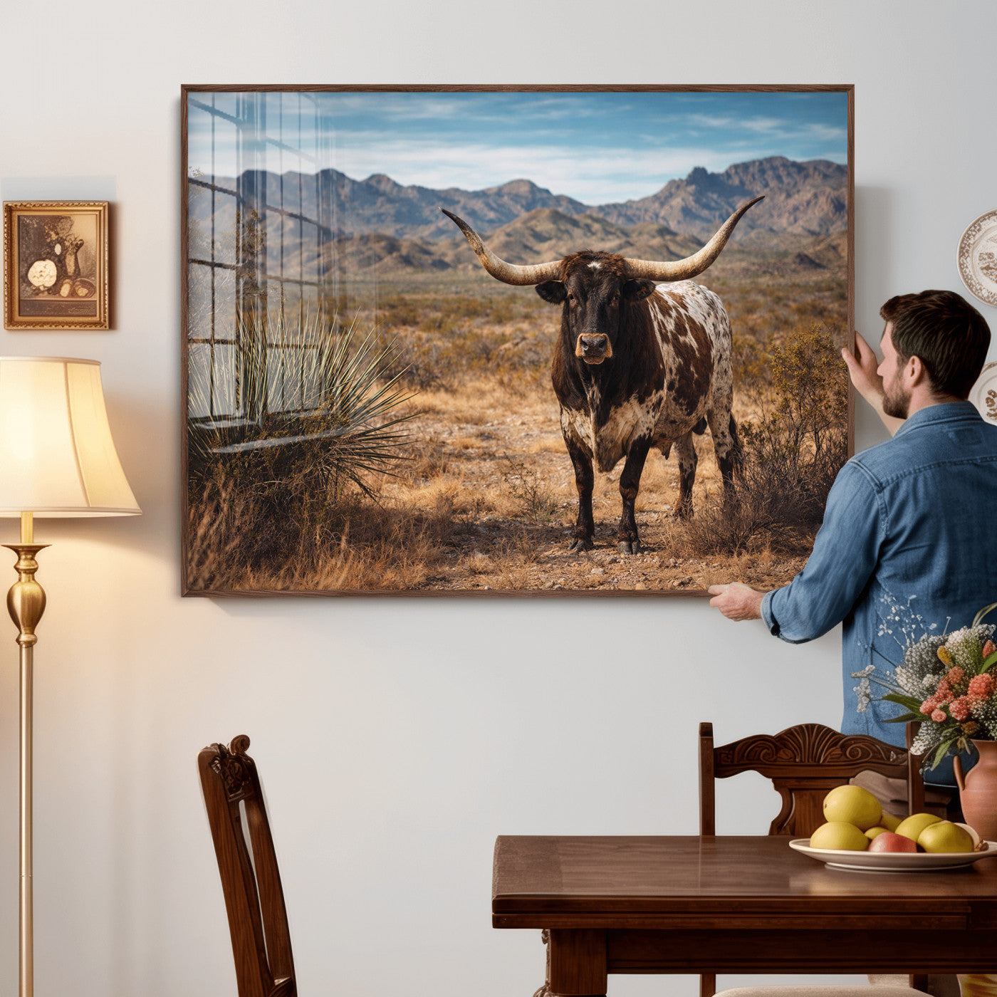 17622011S-MGV-CV-36X24 - Texas Longhorn Bull Wall Art Canvas Print, Western Farmhouse Cowboy Decor, Rustic Texas Ranch Cattle Artwork for Living Room Bedroom Office, Framed Wall Decor