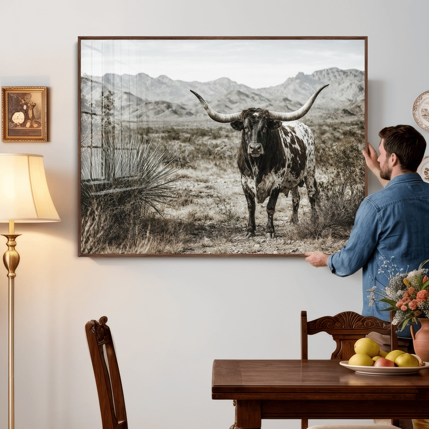 17622011H-MGV-CV-36X24 - Texas Longhorn Bull Wall Art Canvas Print, Western Farmhouse Cowboy Decor, Rustic Texas Ranch Cattle Artwork for Living Room Bedroom Office, Framed Wall Decor