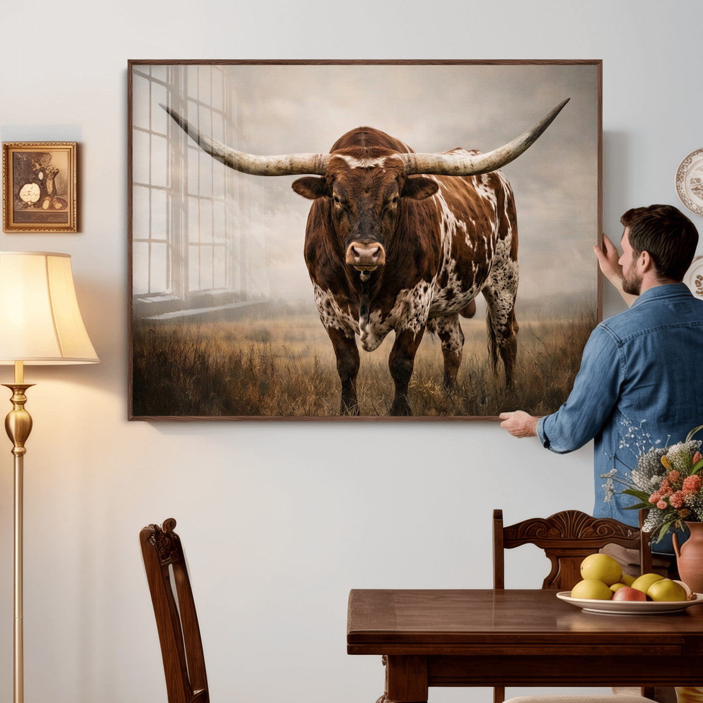 25239047-MGV-CV-36X24 - Texas Longhorn Canvas Wall Art Western Bull Desert Moody Grey Overcast Rustic Farmhouse Framed Large for Living Room Bedroom Office Decor