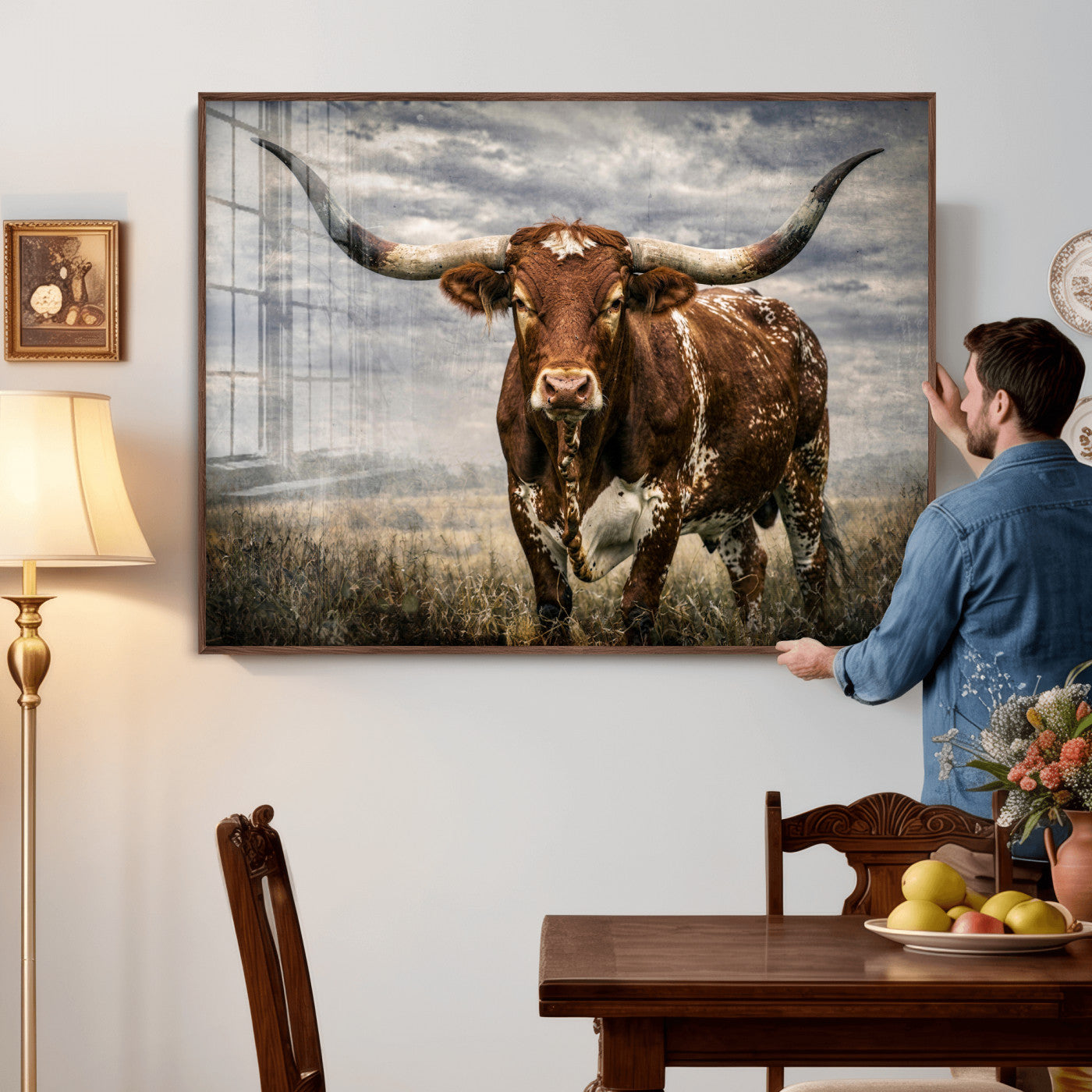 14372769-MGV-CV-36X24 - Texas Longhorn Canvas Wall Art Western Bull Desert Moody Grey Overcast Rustic Farmhouse Framed Large for Living Room Bedroom Office Decor