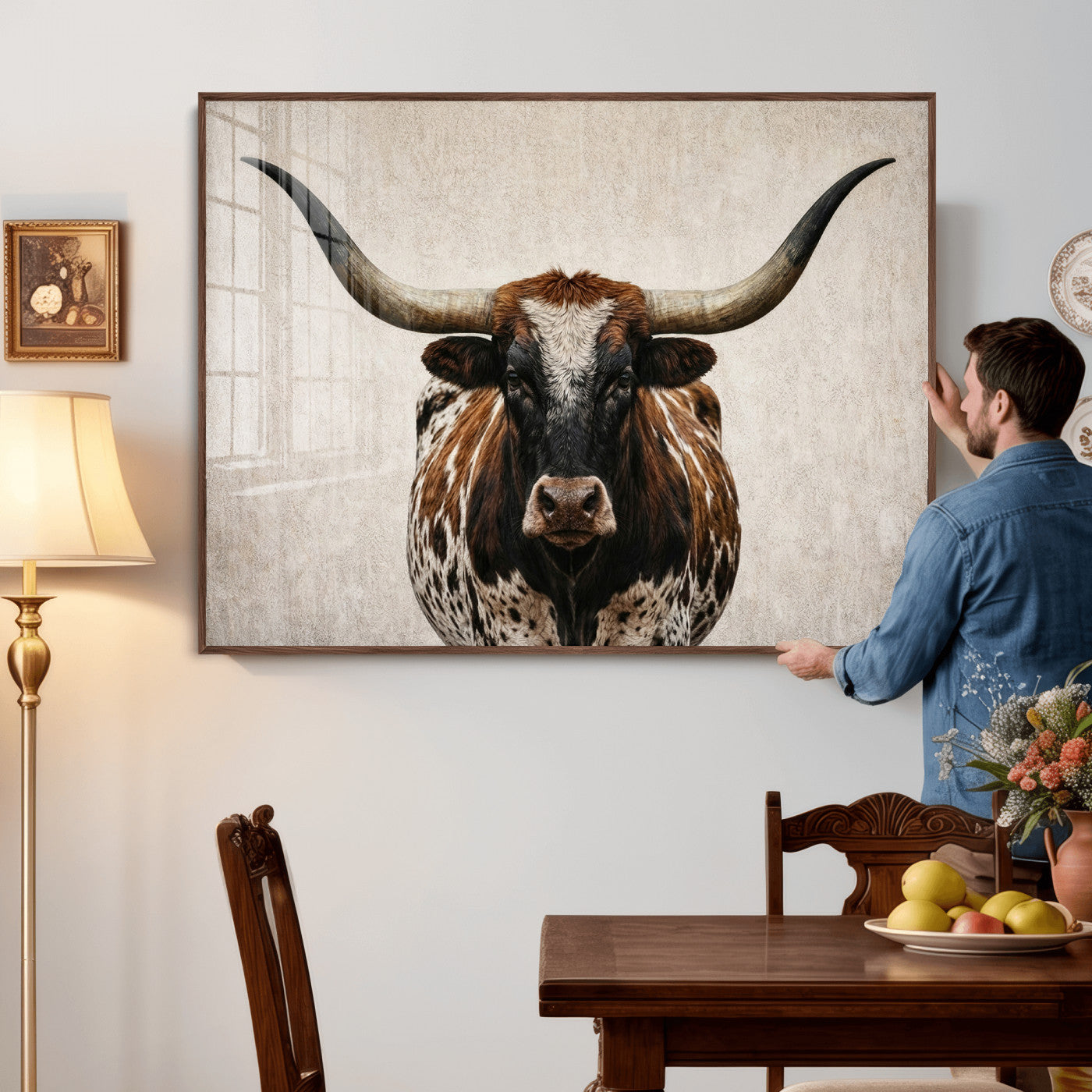 58622065-MGV-CV-36X24 - Texas Longhorn Canvas Wall Art Western Bull Desert Moody Grey Overcast Rustic Farmhouse Framed Large for Living Room Bedroom Office Decor