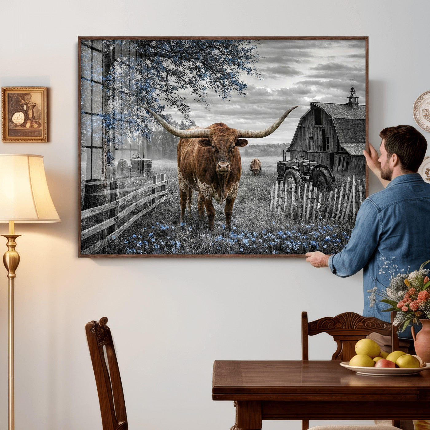 19366343-MGV-CV-36X24 - Texas Longhorn Canvas Wall Art, Rustic Farm Barn Bluebonnet Photography Print, Farmhouse Country Decor, Western Ranch Art, Old Truck Tractor Print