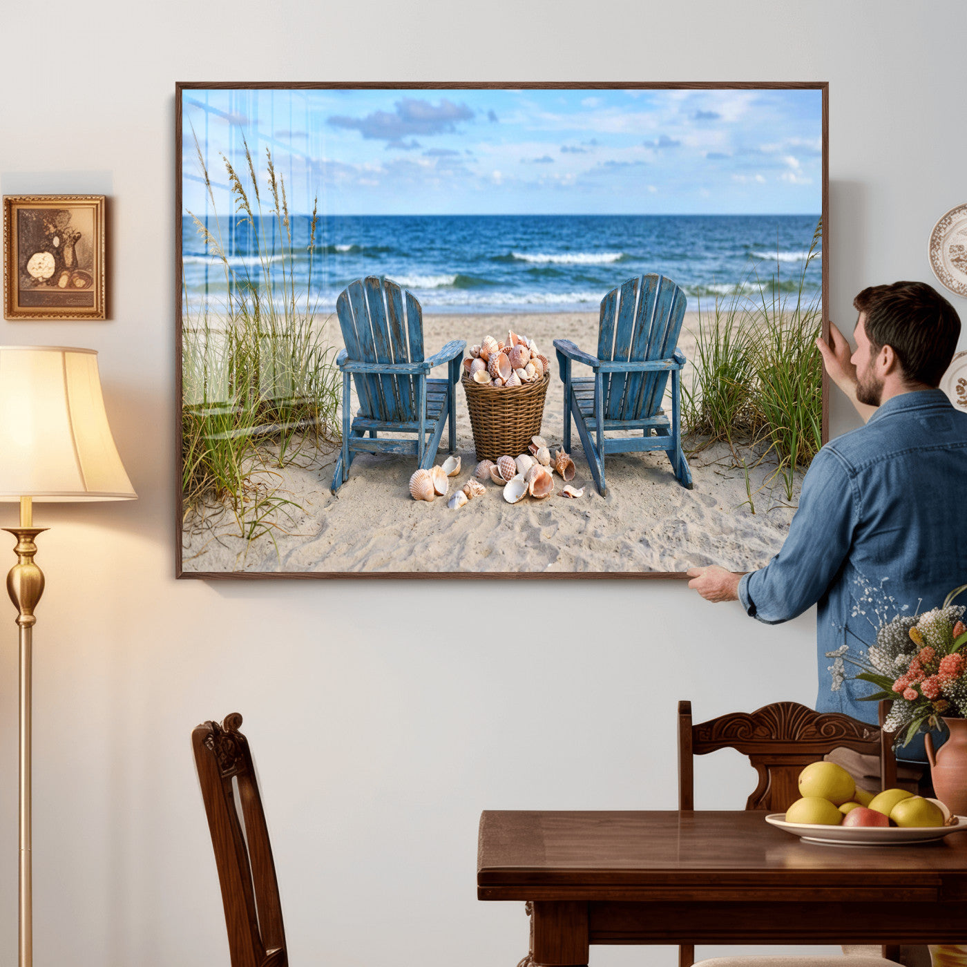 80268829-MGV-CV-36X24 - Large Beach Canvas Wall Art Coastal Adirondack Chairs Ocean Seashells Blue Nautical Framed Large for Living Room Bedroom Bathroom Decor