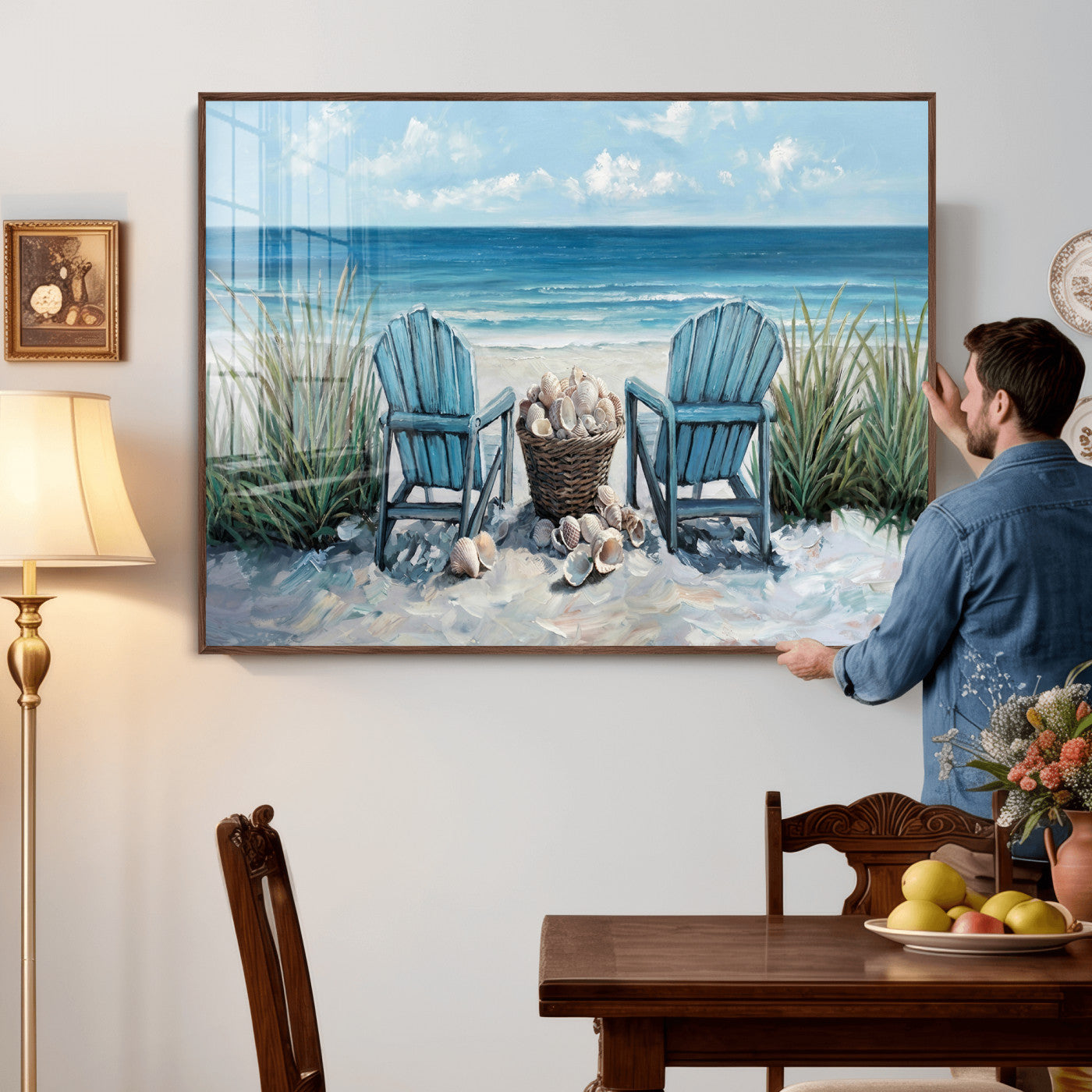11973028-MGV-CV-36X24 - Beach Canvas Wall Art Coastal Adirondack Chairs Ocean Seashells Blue Nautical Framed Large for Living Room Bedroom Bathroom Decor