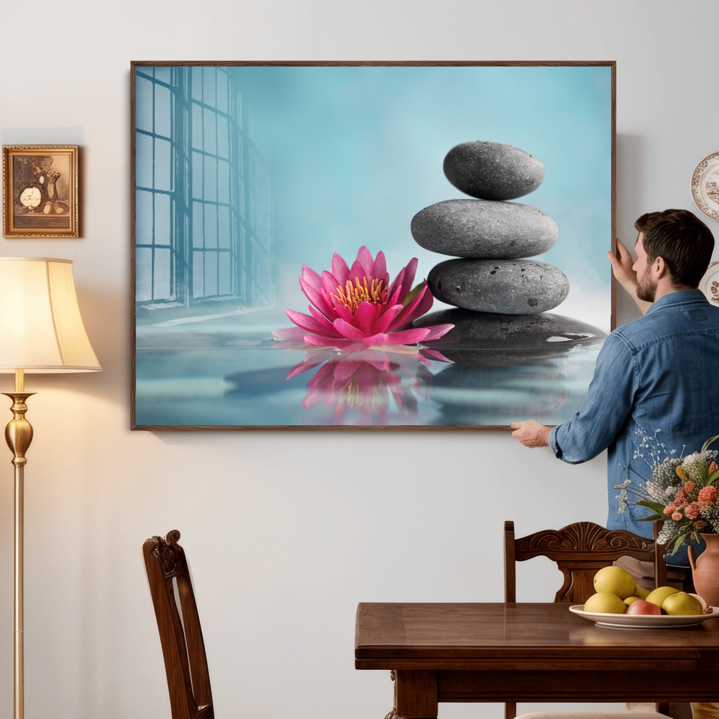84293154-MGV-CV-36X24 - Zen Canvas Wall Art Lotus Flower Stacked Stones Teal Spa Meditation Relaxation Framed Large for Bathroom Bedroom Living Room Office Decor