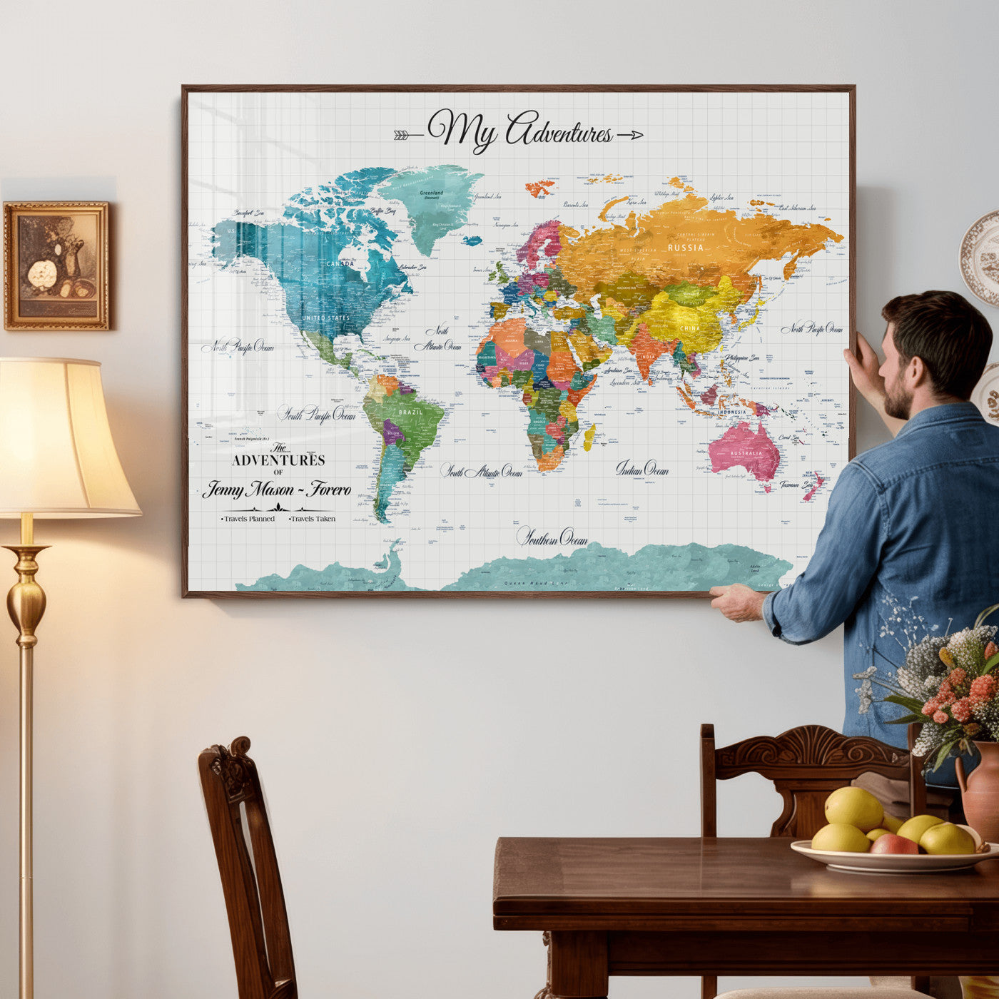 56239817-MGV-CV-36X24 - Custom Push Pin Watercolor World Map Canvas Wall Art Print – Abstract Colorful Travel Wall Decor