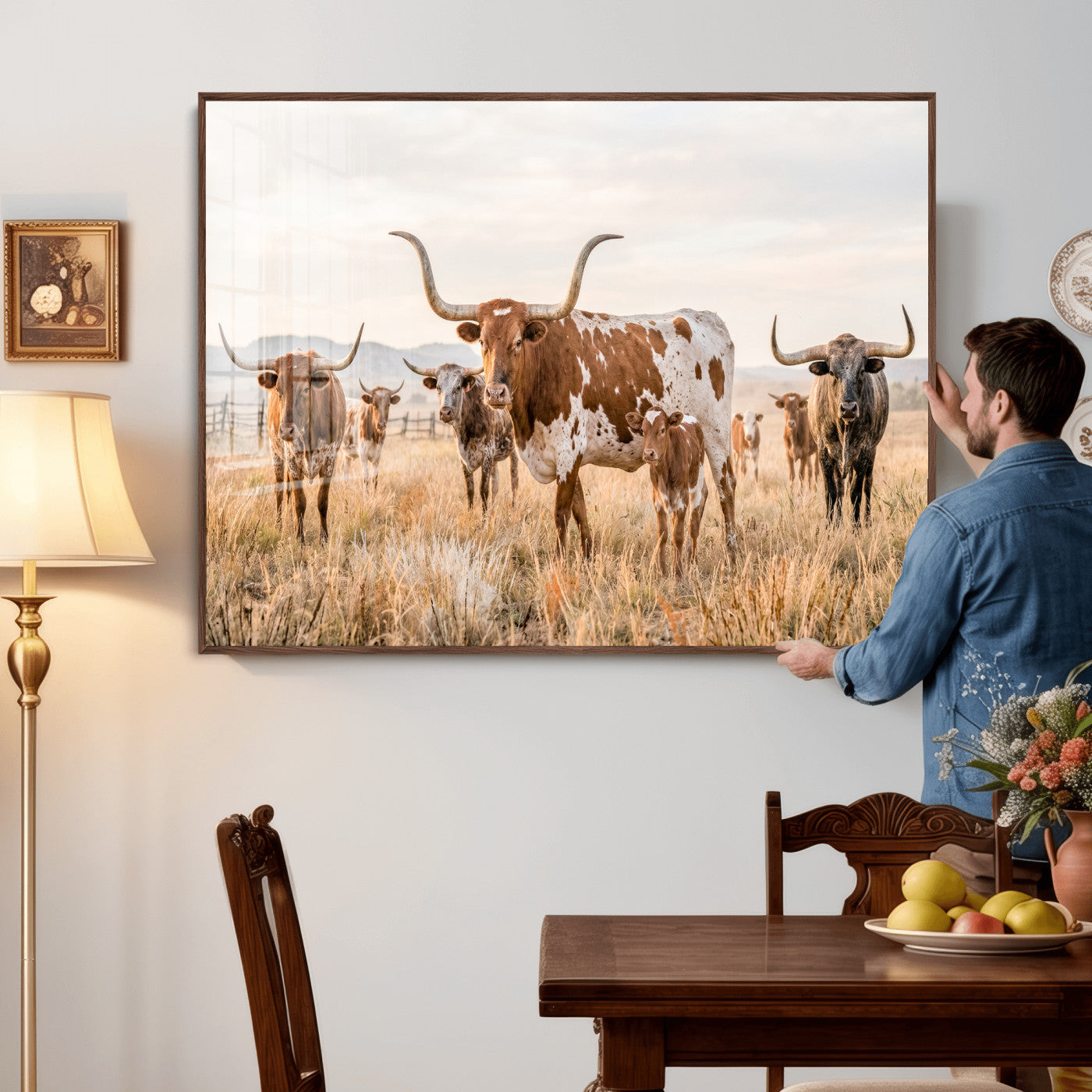 62336425AC-MGV-CV-36X24 - Texas Longhorn Canvas Wall Art, Rustic Farm Animal Photography Print, Farmhouse Country Decor, Western Ranch Art