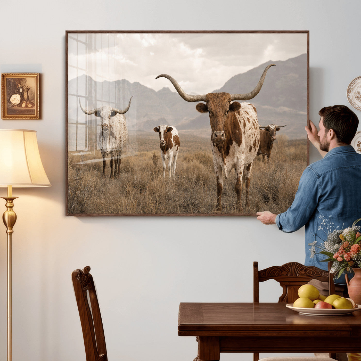 62336425AD-MGV-CV-36X24 - Rustic Texas Longhorn Cow Canvas Wall Art Print, Rustic Farm Animal Photography Print, Farmhouse Country Decor, Western Ranch Art
