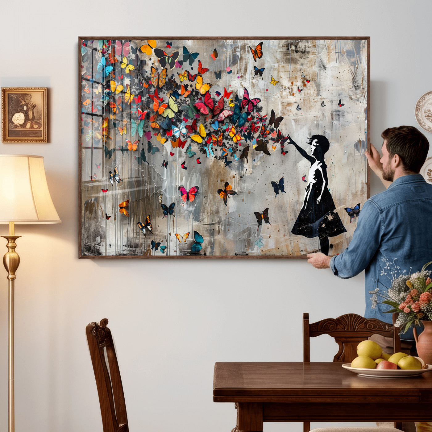 40269-MGV-CV-36X24 - Banksy Wall Art - Banksy Girl and Butterfly Explosion Wall Art Canvas Print | Girl with Butterflies