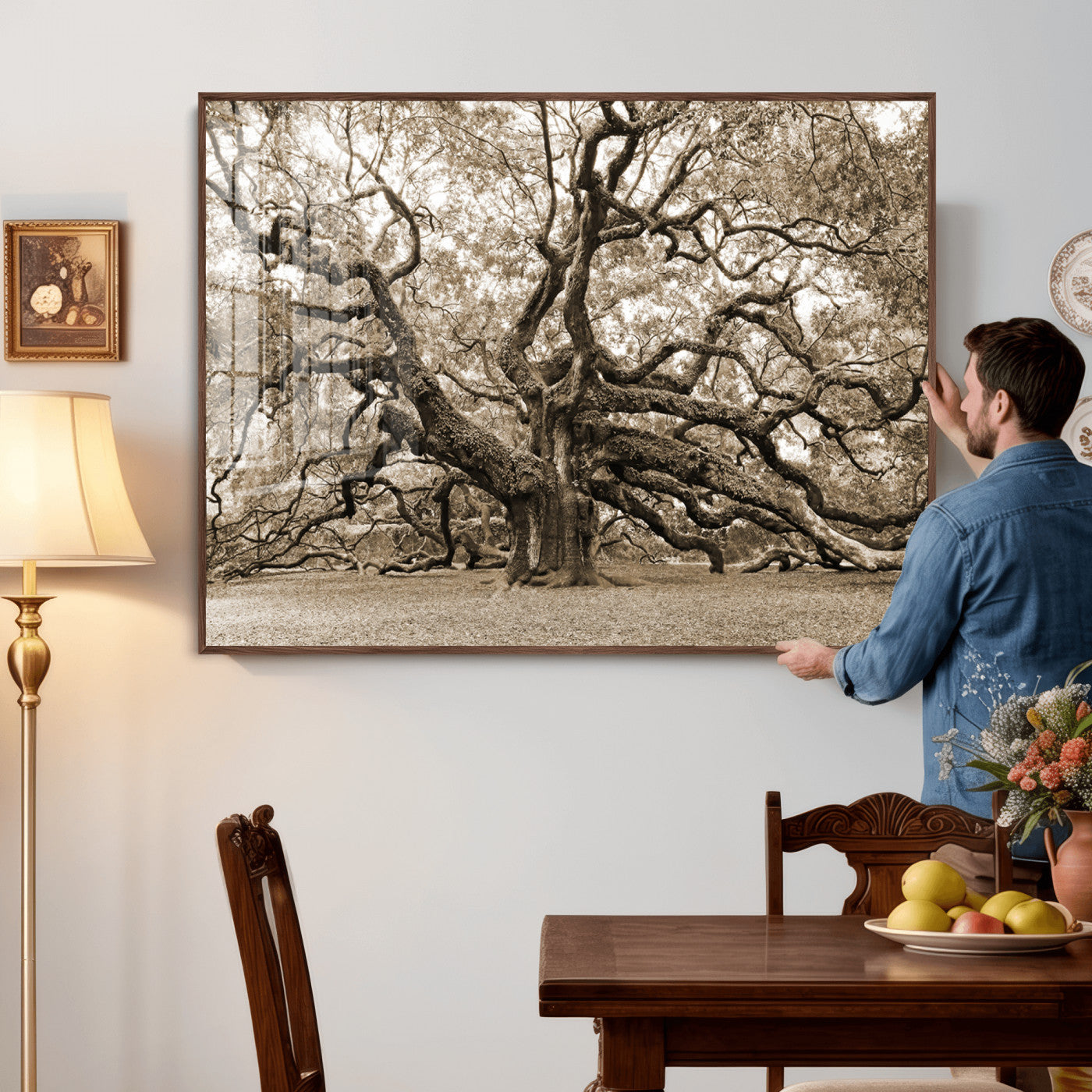 51126-MGV-CV-36X24 - Sepia Framed Angel Oak Tree Wall Art - 3-Panel Canvas Prints, Large Green Nature Artwork, Ready to