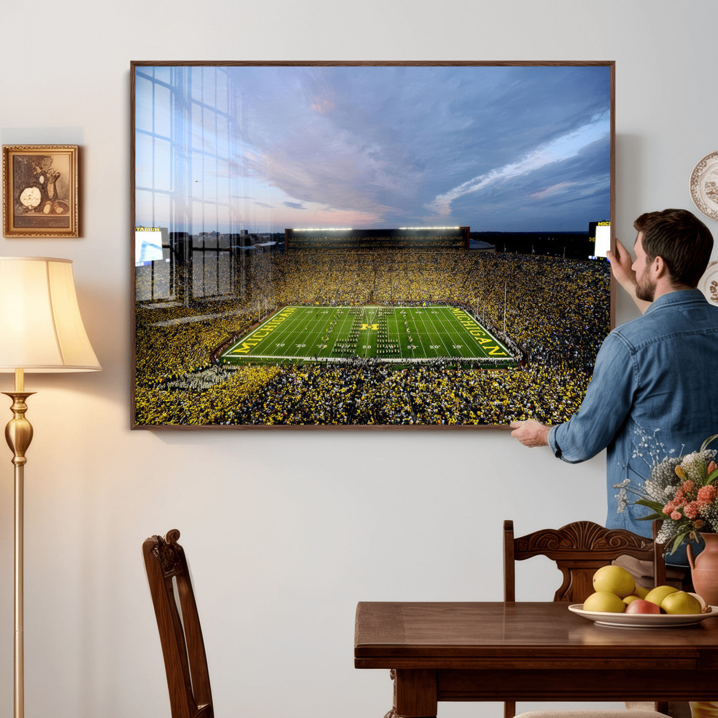 82641-MGV-CV-36X24 - Michigan Stadium Wall Art Canvas Print, Vibrant Game Day Crowd and Sunset Sky Football Field Artwork for Home, Office