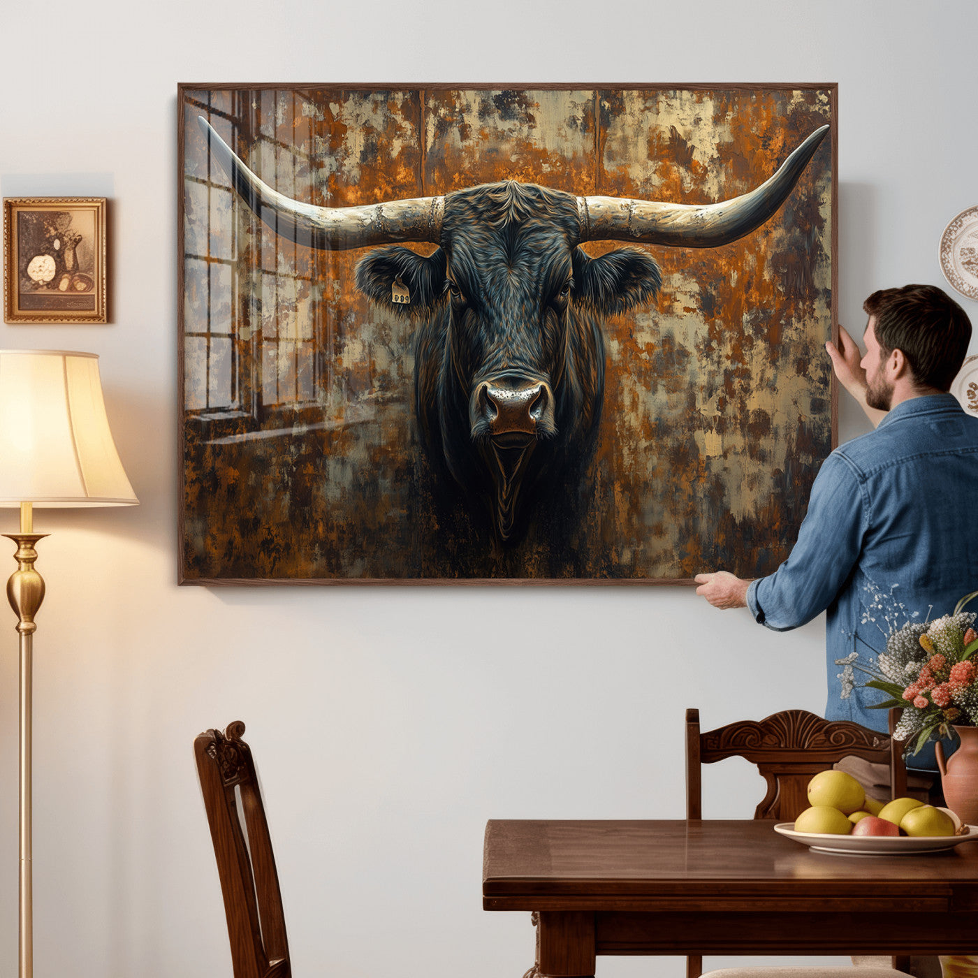 68068-MGV-CV-36X24 - Longhorn Texas Cow Bull Wall Art | Rustic Farmhouse Canvas Print | Ready to Hang Barn Decor for