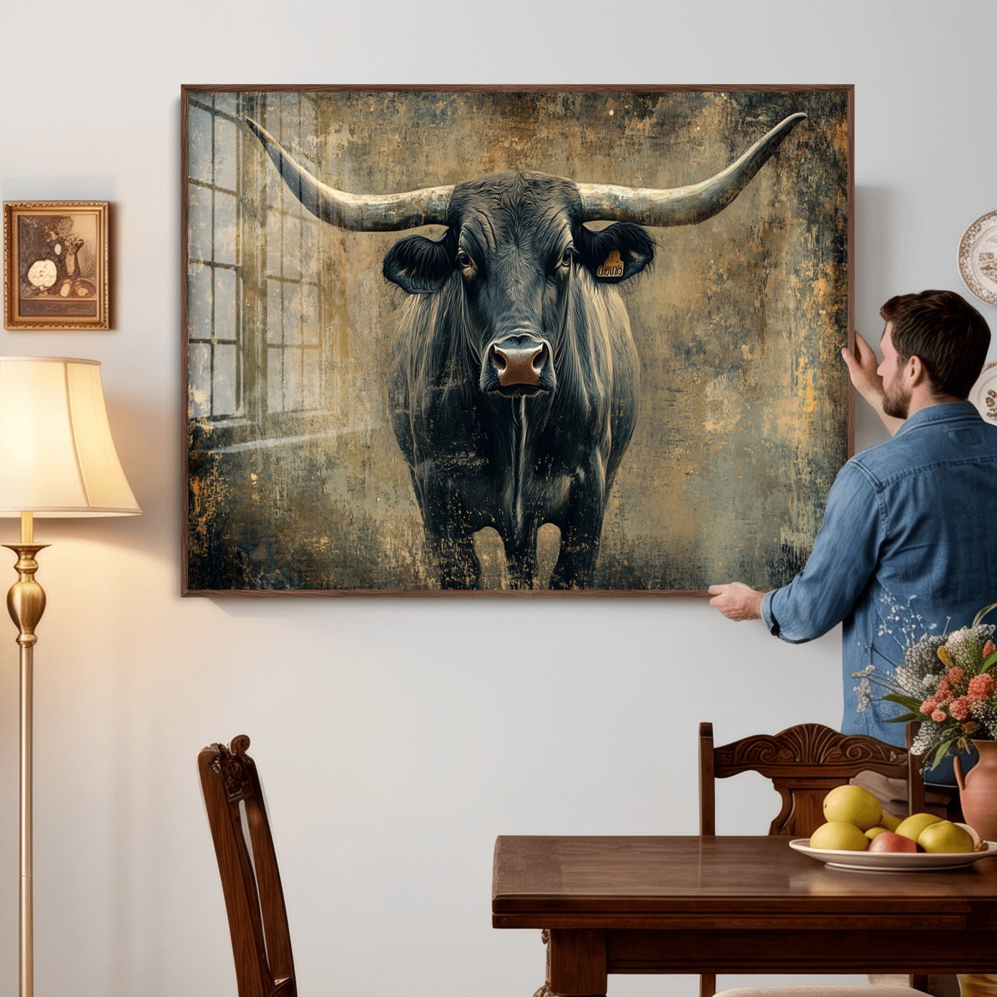 57385-MGV-CV-36X24 - Longhorn Bull Wall Art Canvas Print, Framed Rustic Cow Art Picture Print, Texas Longhorn Perfect Western Decor Artwork