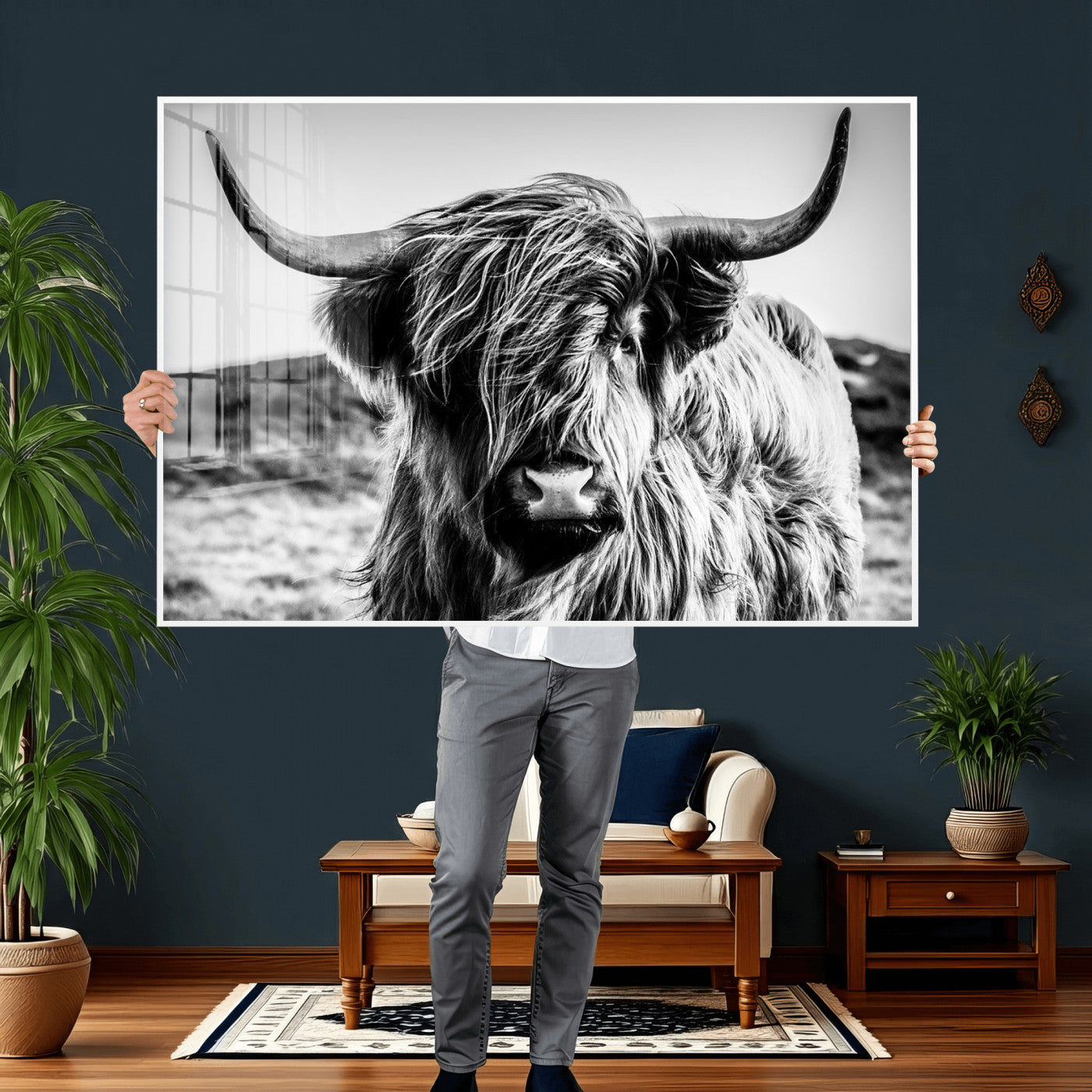 54309-MGV-CV-36X24 - Black and White Scottish Cow Canvas Wall Art Highland Cattle Canvas Print Framed Ready to Hang Original Cotton Canvas High Quality Image Multi Panel Wall Art Printable Artwork for Walls