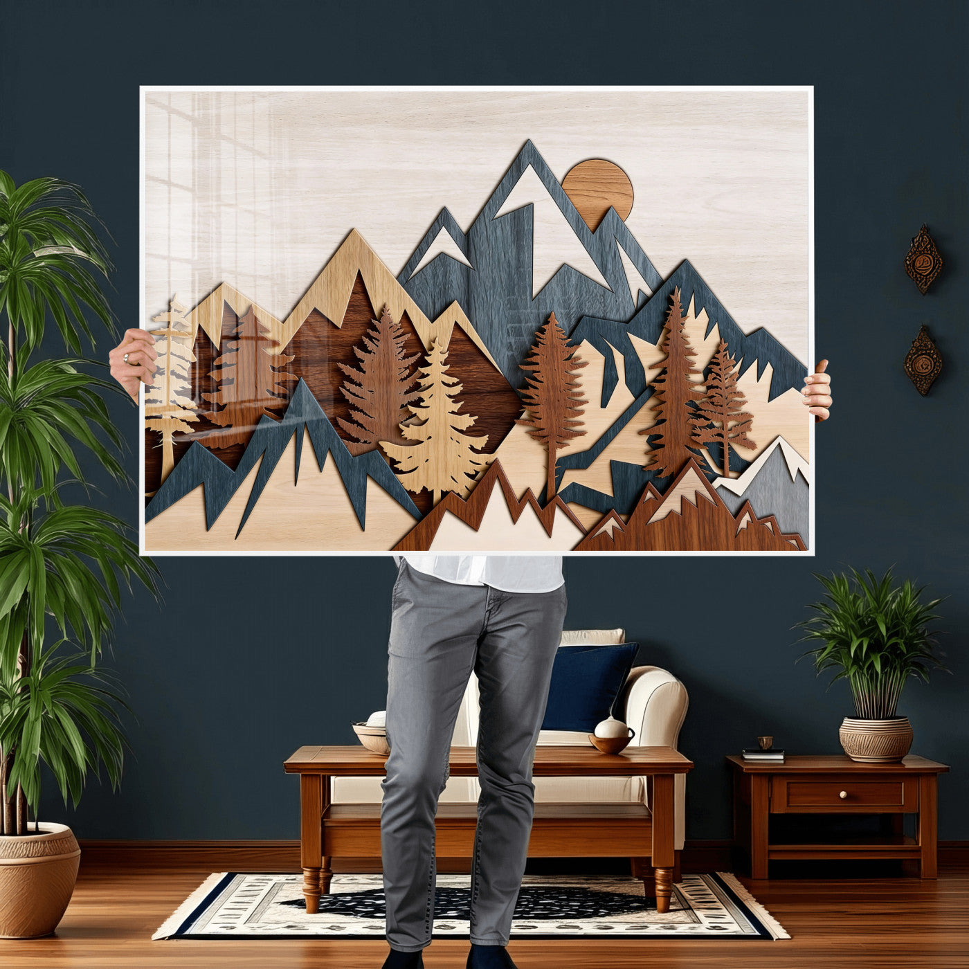 67950-MGV-CV-36X24 - Rustic Abstract Wood Panel Effect Canvas Mountain Range Top Wood Wall Art Canvas Print