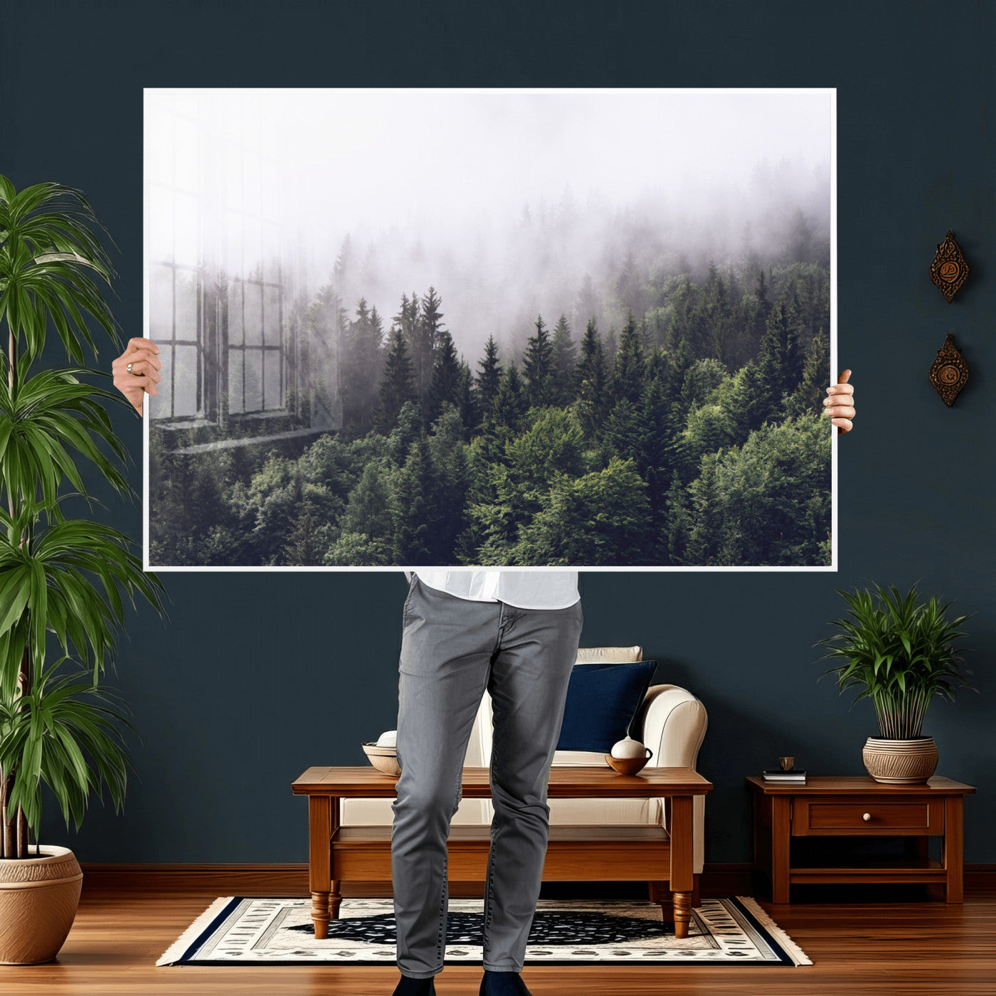 42578900-MGV-CV-36X24 - Misty Forest Wall Art | Foggy Forest Canvas Print | Large Nature-Inspired Misty Tree Landscape for