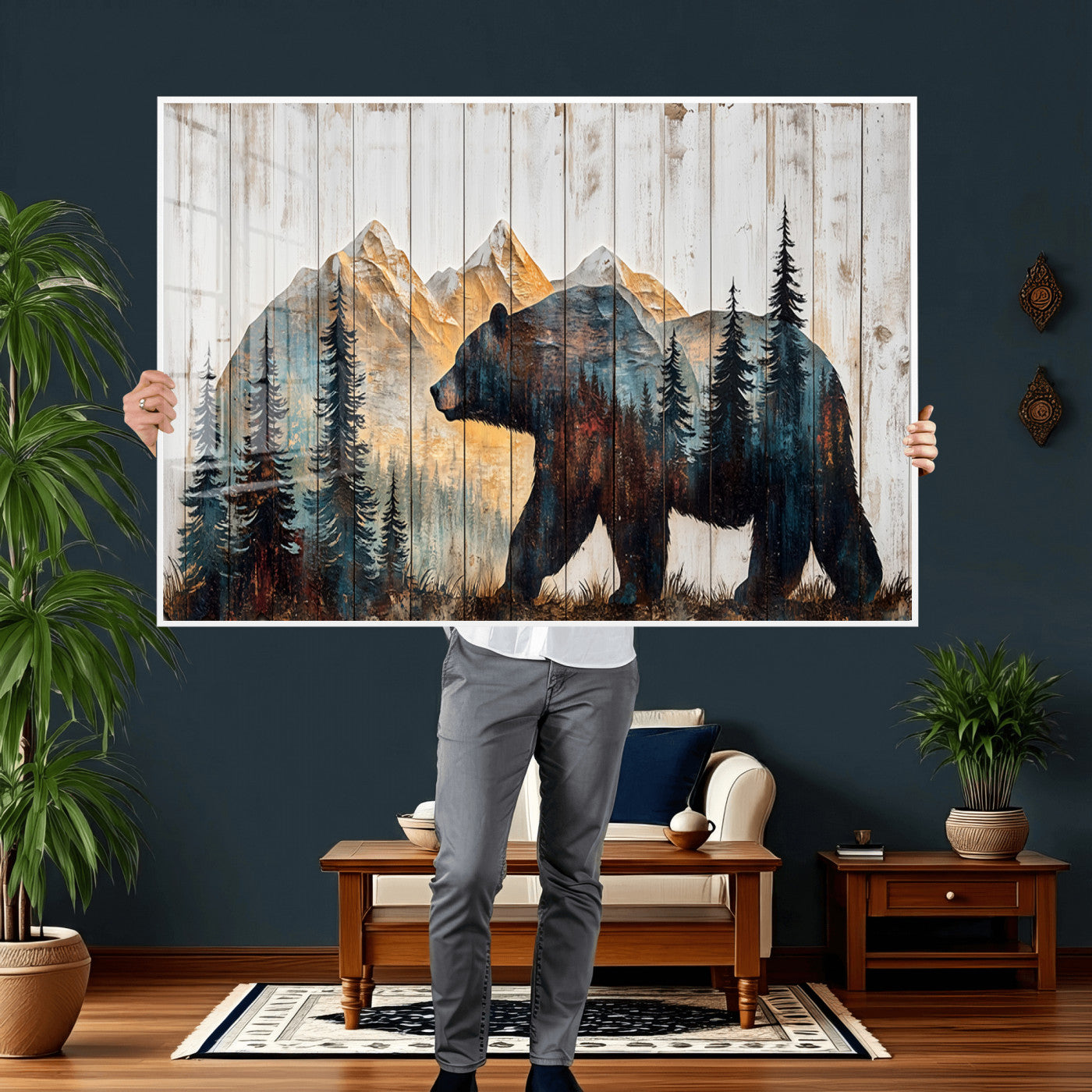 90077-MGV-CV-36X24 - Rustic Bear Wall Art - Grizzly 399 Bear Wall Art - Mountain Wood Canvas Wall Art - Nature Theme