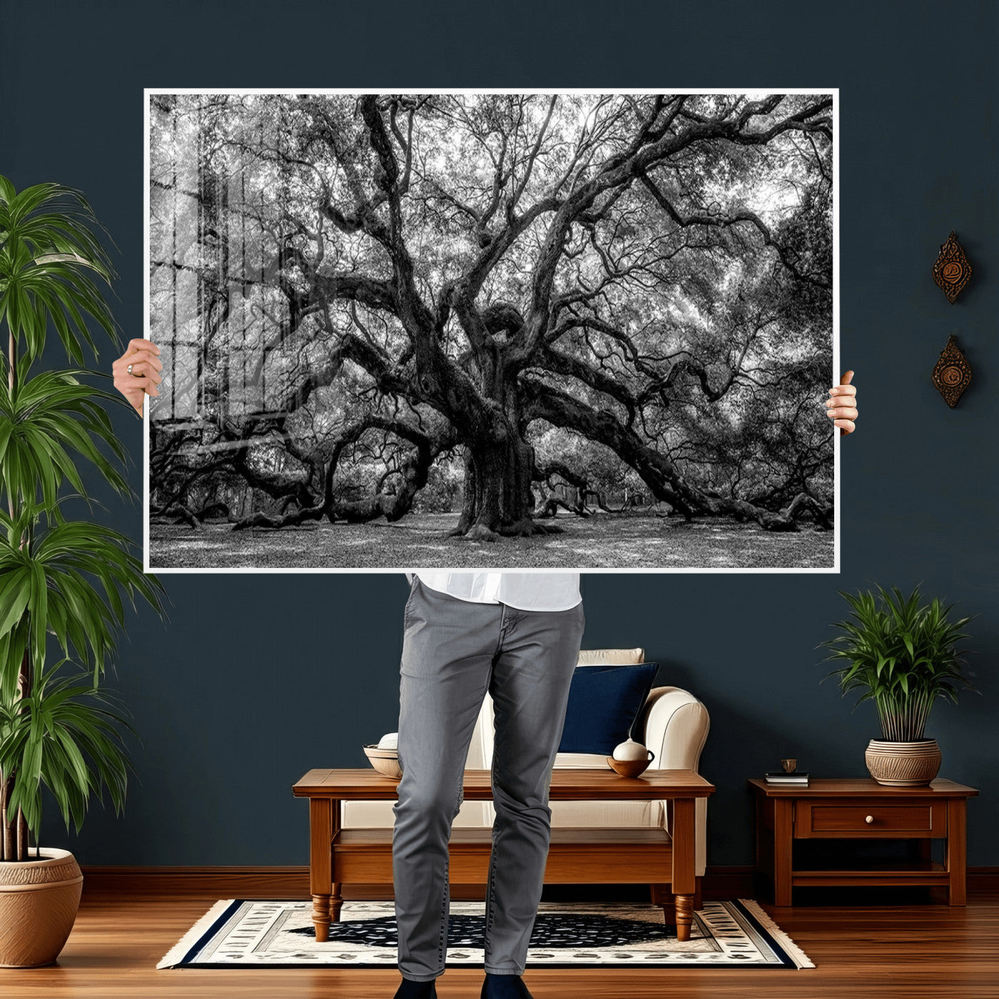 132944706-MGV-CV-36X24 - Black and White Old Angel Oak Tree Wall Art Canvas Print