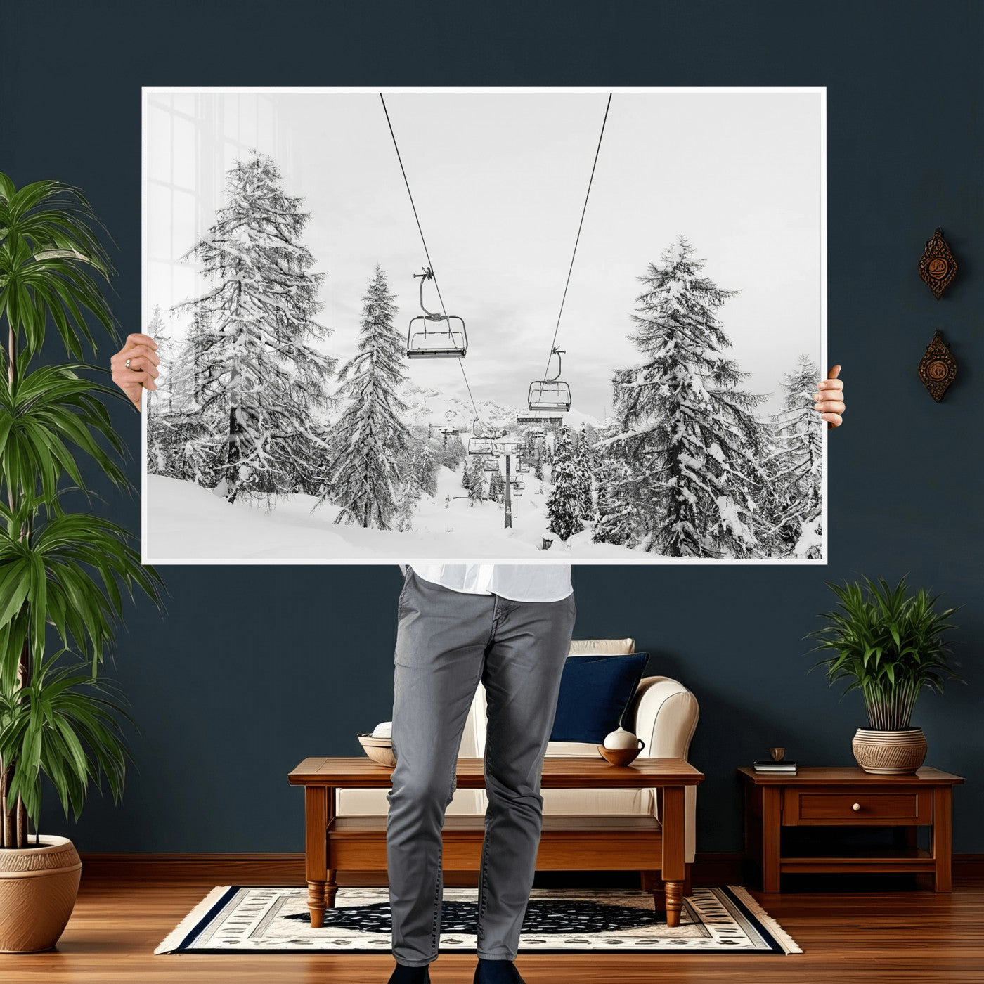 55003599-MGV-CV-36X24 - Snowy Ski Lift Wall Art – Framed Winter Forest Canvas Artwork, Peaceful Mountain Design, Modern Nature Decor for Home, Office
