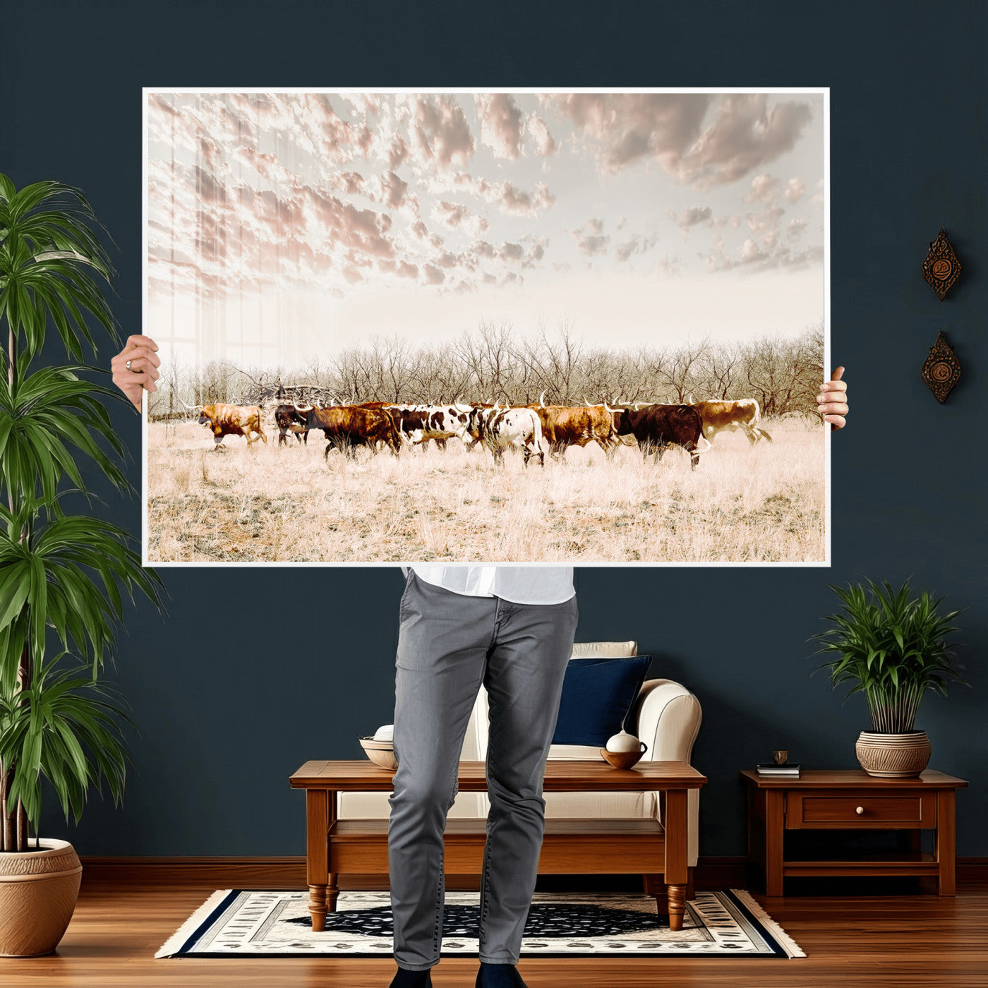 64892775-MGV-CV-36X24 - Longhorn Cattle Wall Art Canvas Print, Framed Texas Ranch Art Picture Print, Western Cow Perfect Western Decor Artwork