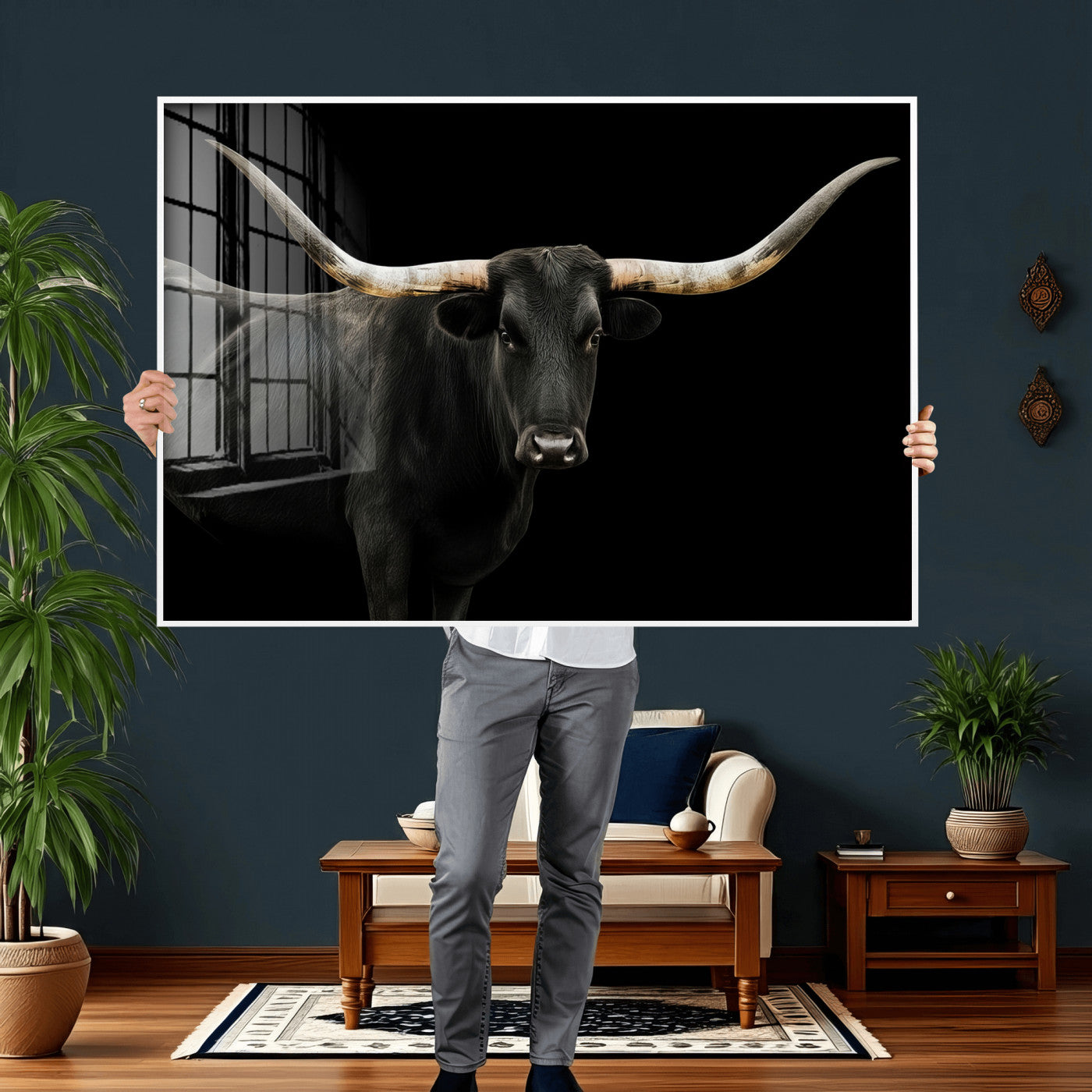23572907-MGV-CV-36X24 - Texas Longhorn Wall Art Canvas Print, Framed Rustic Western Art Picture Print, Farmhouse Animal Perfect Modern Western Minimalist Decor Artwork