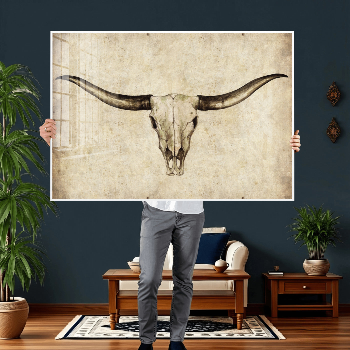 42788678-MGV-CV-36X24 - Longhorn Skull Wall Art Canvas Print – Rustic Western Artwork Print for Living Room Wall Decor
