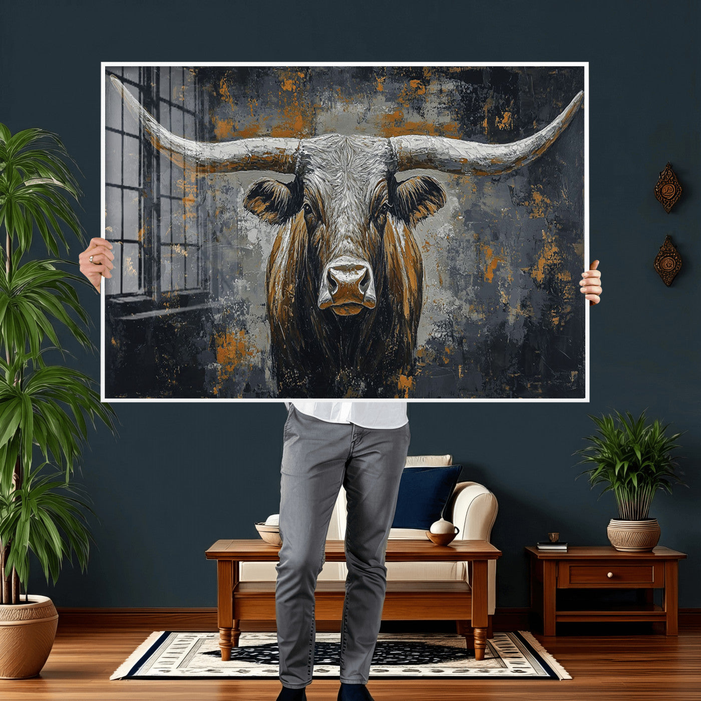 73972561-MGV-CV-36X24 - Bold Bull Wall Art Canvas – Striking Portrait with Wide Horns and Rich Brown Hues, Rustic Farmhouse and Western Decor for Home Room