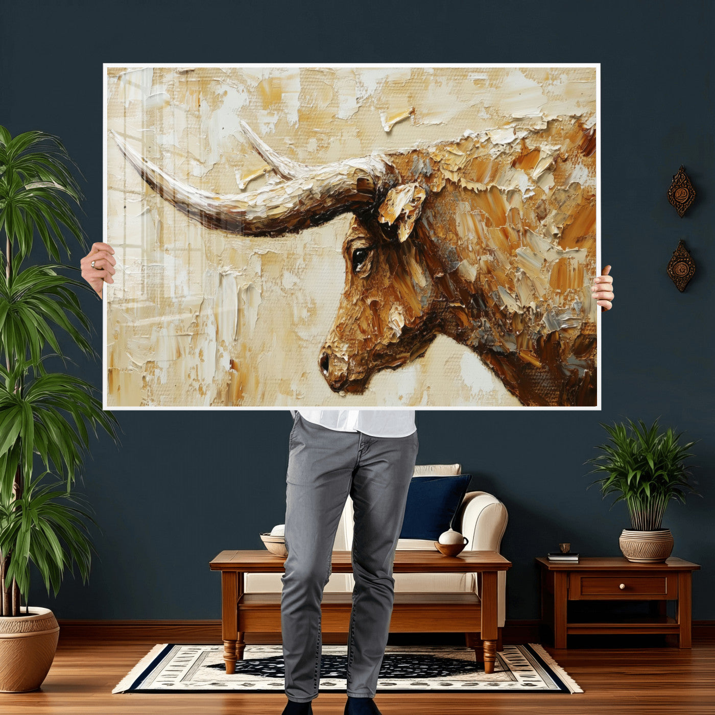 69611428-MGV-CV-36X24 - Rustic Longhorn Bull Wall Art Canvas Print – Vintage Western Cattle Painting, Texas Abstract Wall Cow Prints