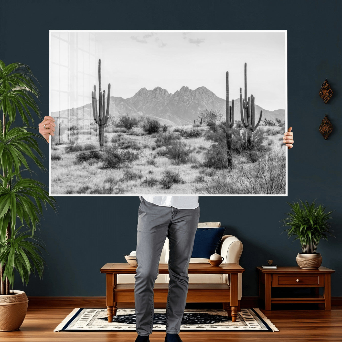 97436PHN-MGV-CV-36X24 - Black White Arizona Desert Canvas Wall Art Cactus Farmhouse Wall Art