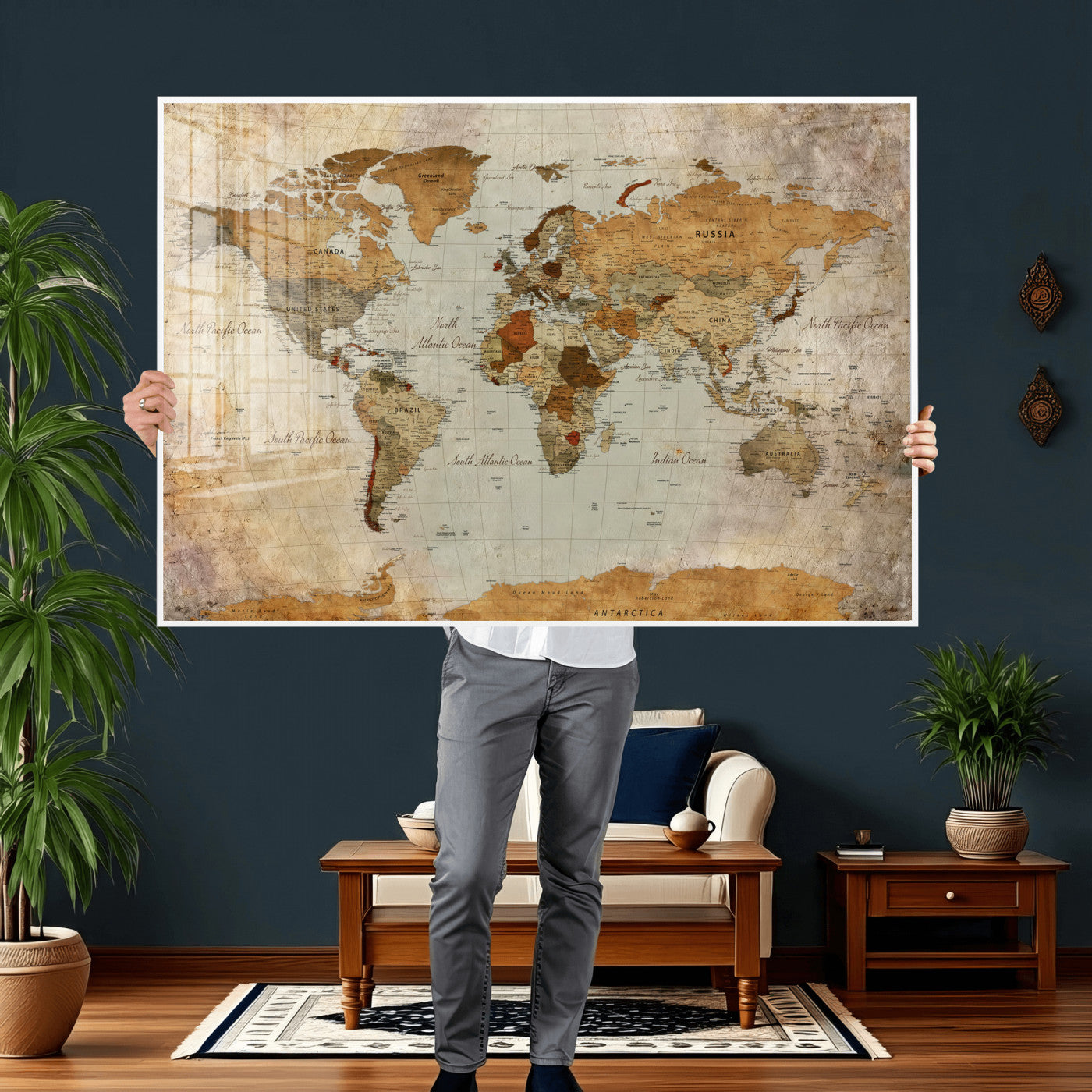 74176056-MGV-CV-36X24 - World Map Wall Art Canvas Print, Modern Decorative Framed Map Artwork Prints for Living Room, Office, Bedroom Wall Decor