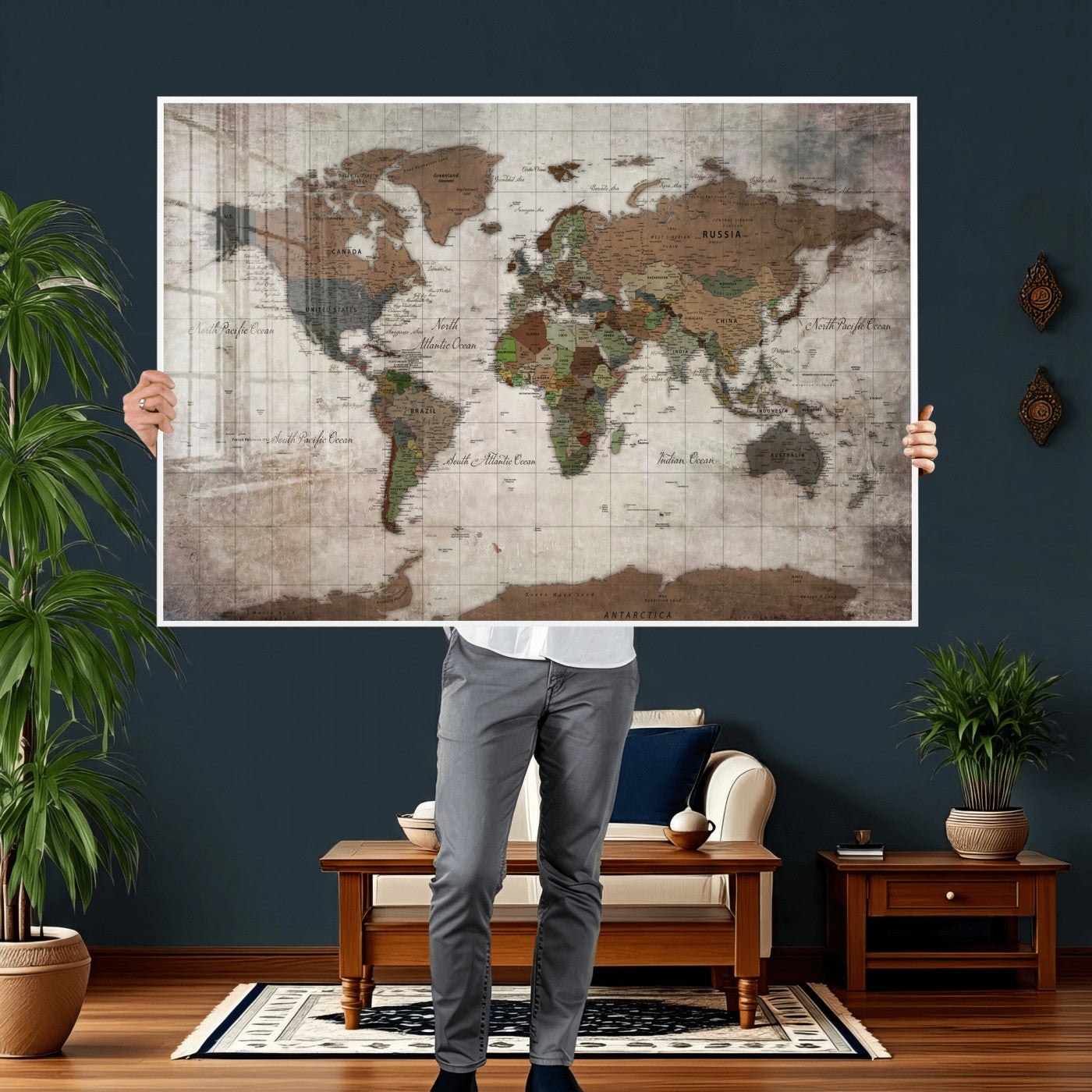 65393892-MGV-CV-36X24 - World Map Wall Art Canvas Print, Modern Decorative Framed Map Artwork Prints for Living Room, Office, Bedroom Wall Decor