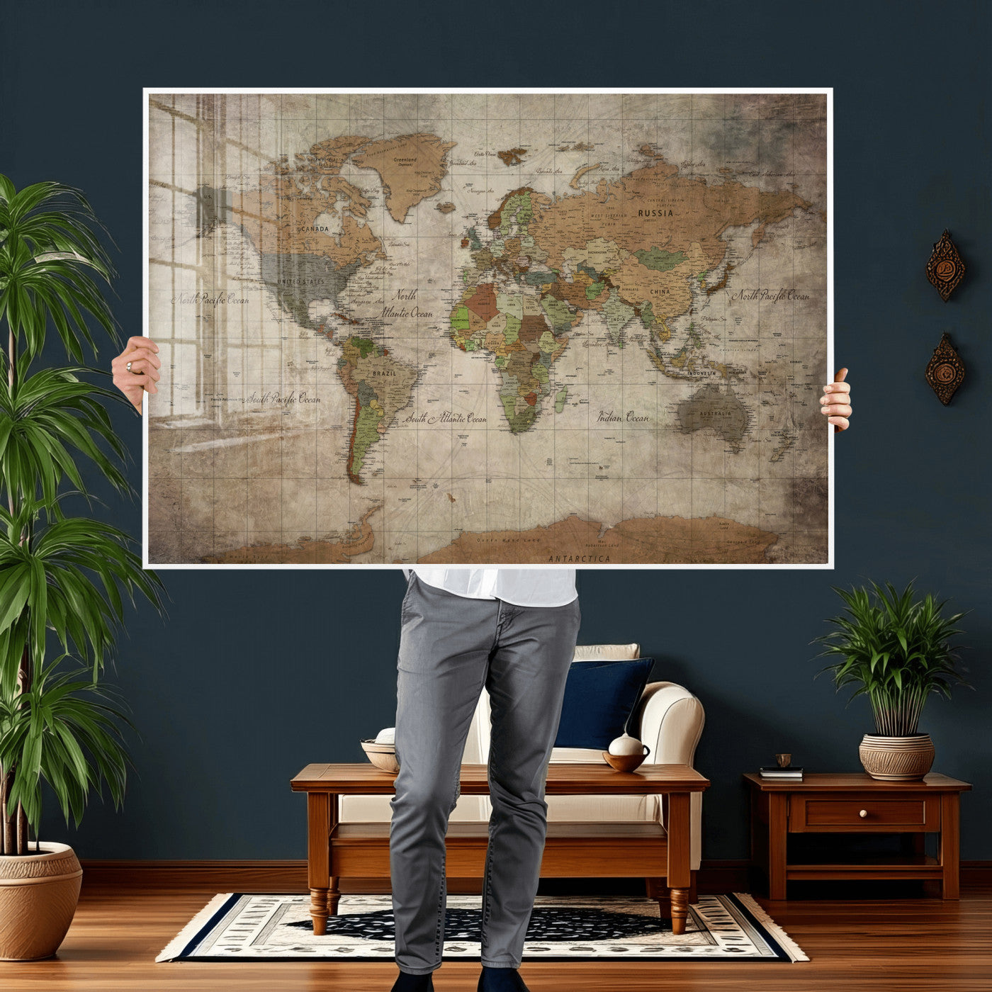 20356264-MGV-CV-36X24 - World Map Wall Art Canvas Print, Modern Decorative Framed Map Artwork Prints for Living Room, Office, Bedroom Wall Decor
