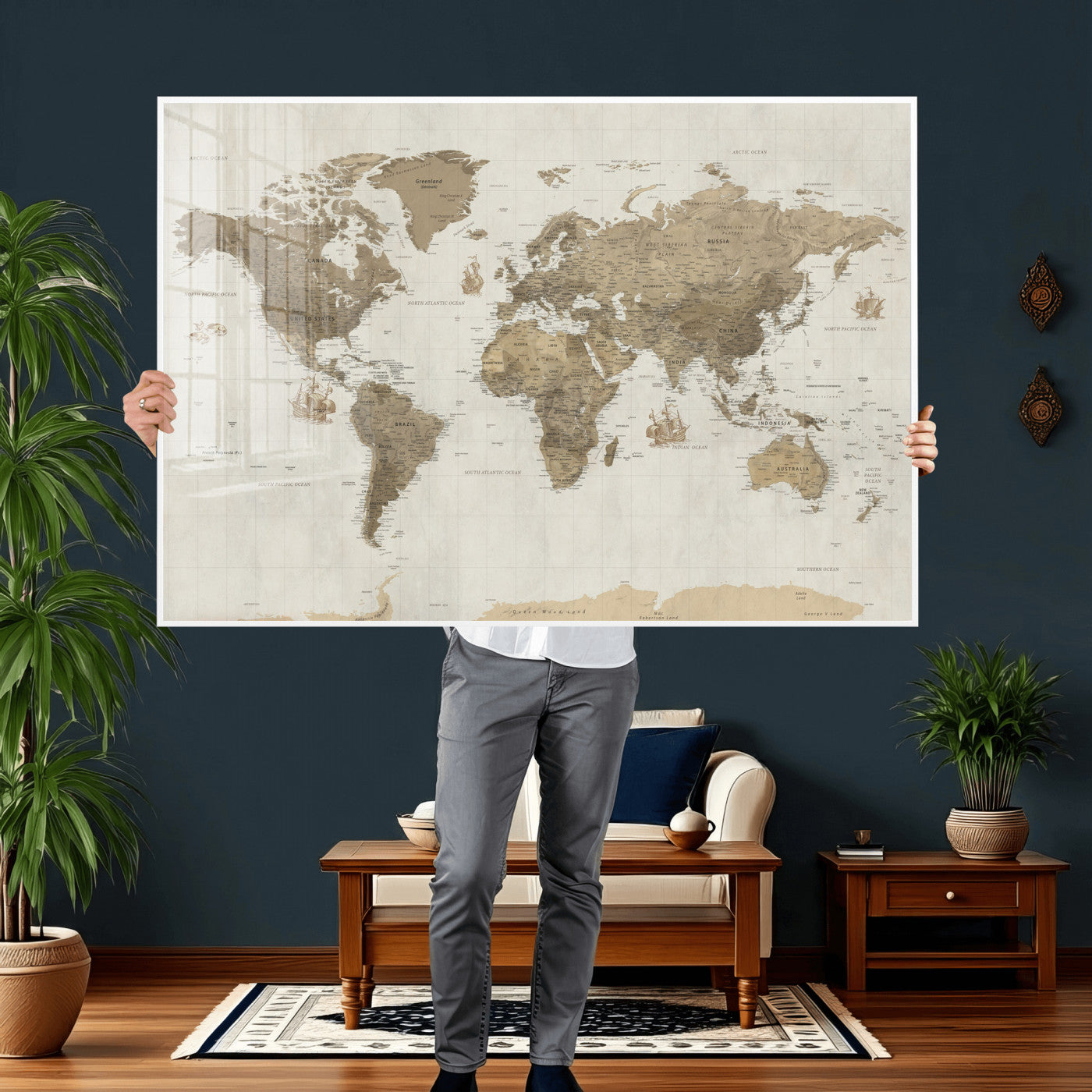 28283260-MGV-CV-36X24 - World Map Wall Art Canvas Print, Modern Decorative Framed Map Artwork Prints for Living Room, Office, Bedroom Wall Decor