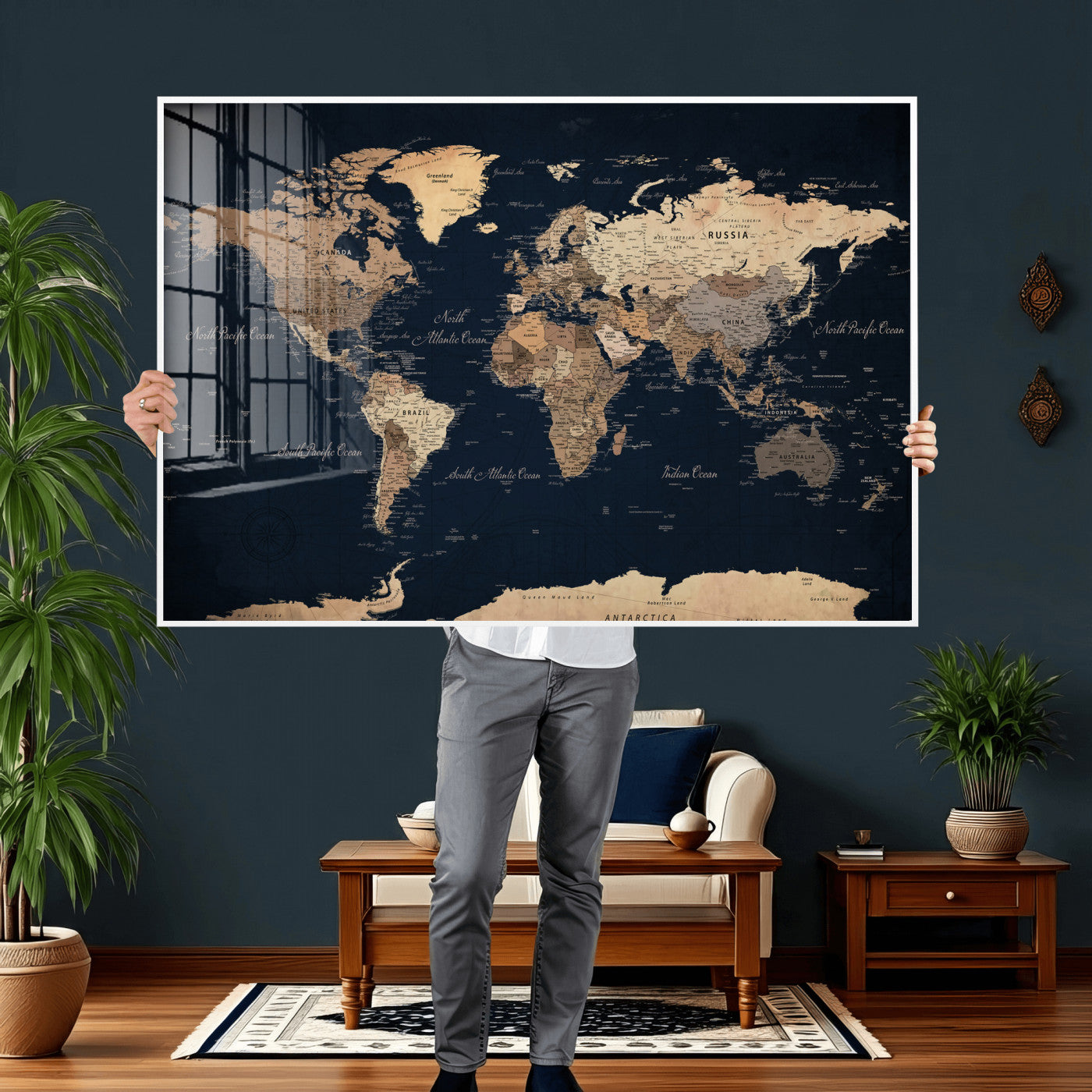 53971530-MGV-CV-36X24 - World Map Wall Art Canvas Print, Modern Decorative Framed Map Artwork Prints for Living Room, Office, Bedroom Wall Decor