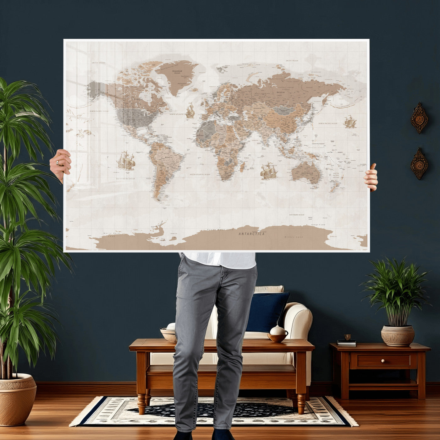 85057279-MGV-CV-36X24 - World Map Wall Art Canvas Print, Modern Decorative Framed Map Artwork Prints for Living Room, Office, Bedroom Wall Decor