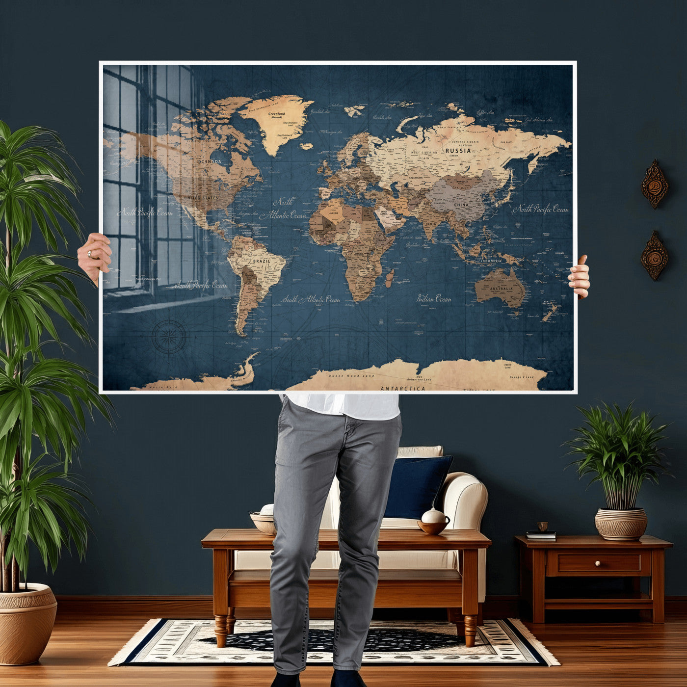 69886352-MGV-CV-36X24 - World Map Wall Art Canvas Print, Modern Decorative Framed Map Artwork Prints for Living Room, Office, Bedroom Wall Decor