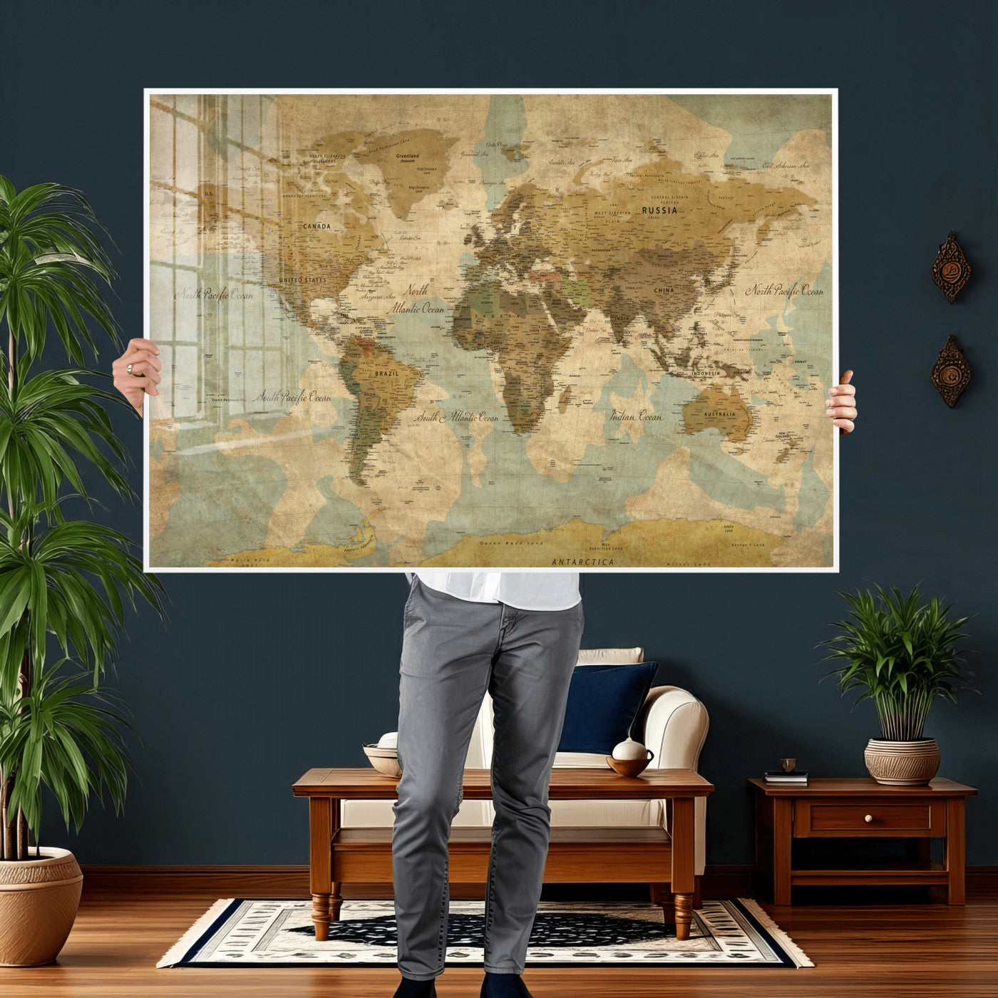 89356927-MGV-CV-36X24 - World Map Wall Art Canvas Print, Modern Decorative Framed Map Artwork Prints for Living Room, Office, Bedroom Wall Decor