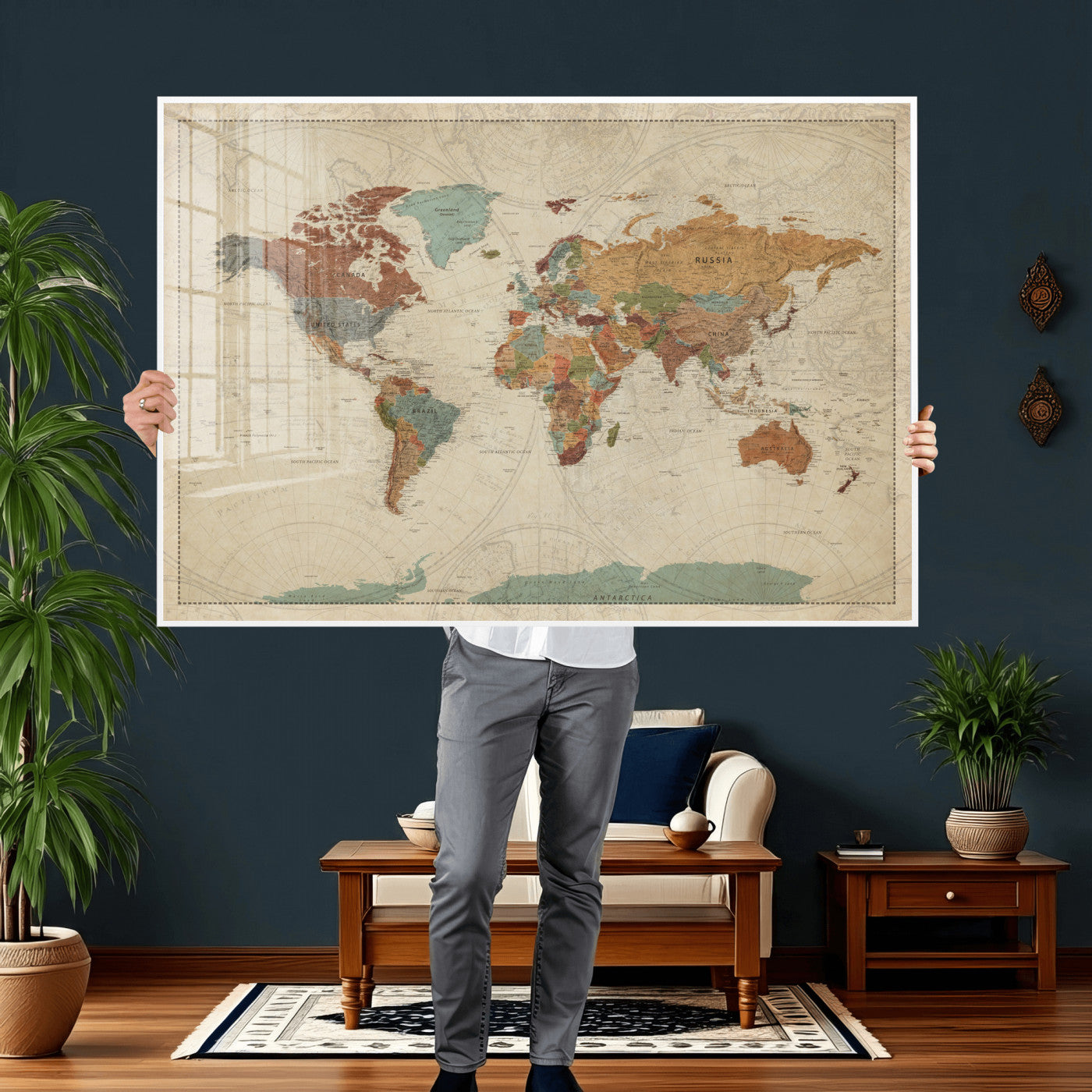 68428598-MGV-CV-36X24 - World Map Wall Art Canvas Print, Modern Decorative Framed Map Artwork Prints for Living Room, Office, Bedroom Wall Decor