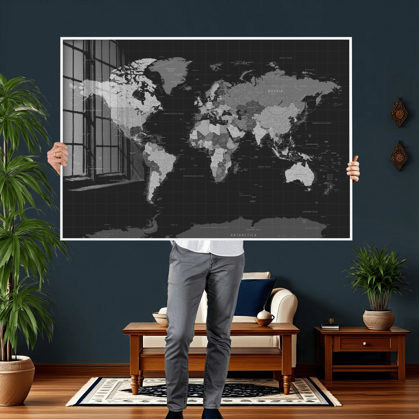 46160121-MGV-CV-36X24 - World Map Wall Art Canvas Print, Modern Decorative Framed Map Artwork Prints for Living Room, Office, Bedroom Wall Decor