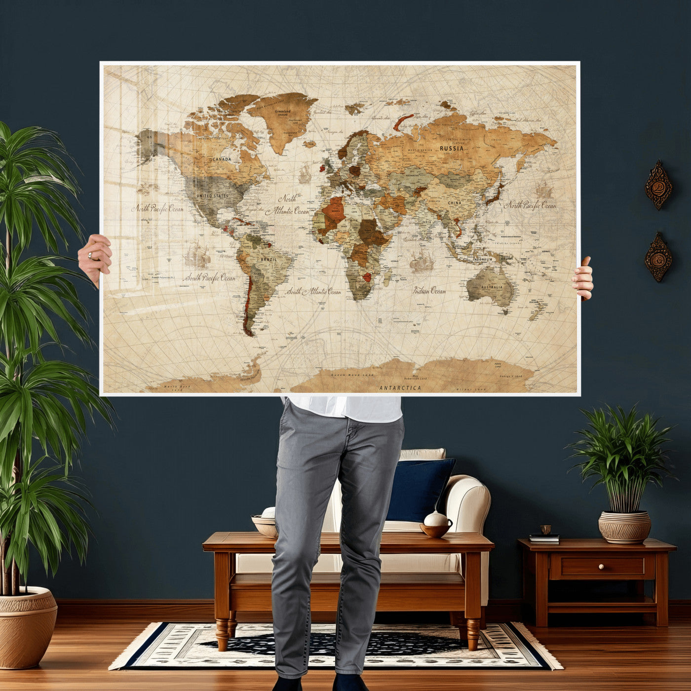 30704397-MGV-CV-36X24 - World Map Wall Art Canvas Print, Modern Decorative Framed Map Artwork Prints for Living Room, Office, Bedroom Wall Decor