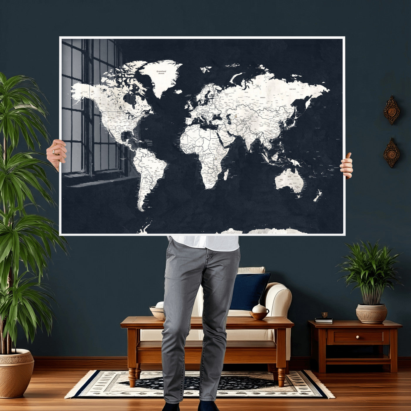 11963807-MGV-CV-36X24 - World Map Wall Art Canvas Print, Modern Decorative Framed Map Artwork Prints for Living Room, Office, Bedroom Wall Decor