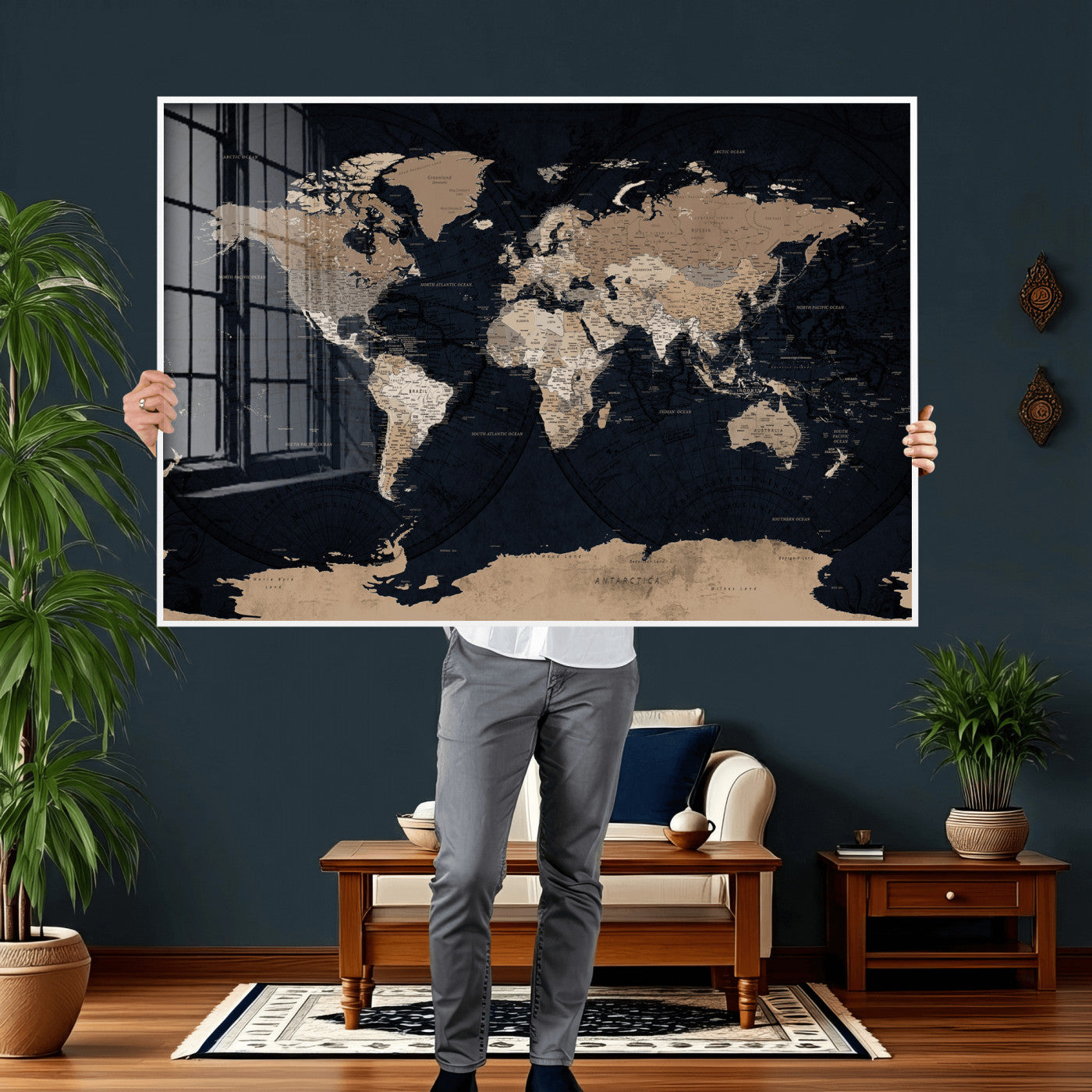 25812727-MGV-CV-36X24 - World Map Wall Art Canvas Print, Modern Decorative Framed Map Artwork Prints for Living Room, Office, Bedroom Wall Decor