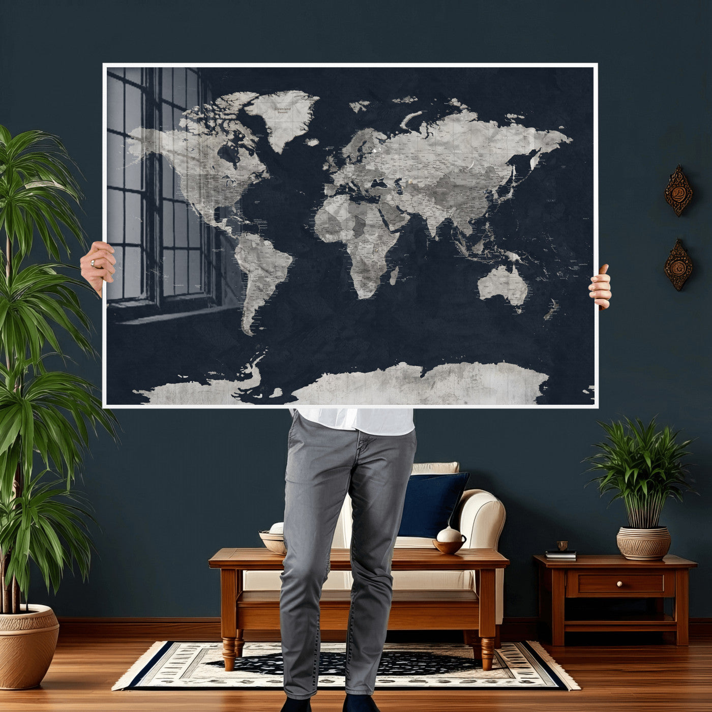 53886659-MGV-CV-36X24 - World Map Wall Art Canvas Print, Modern Decorative Framed Map Artwork Prints for Living Room, Office, Bedroom Wall Decor
